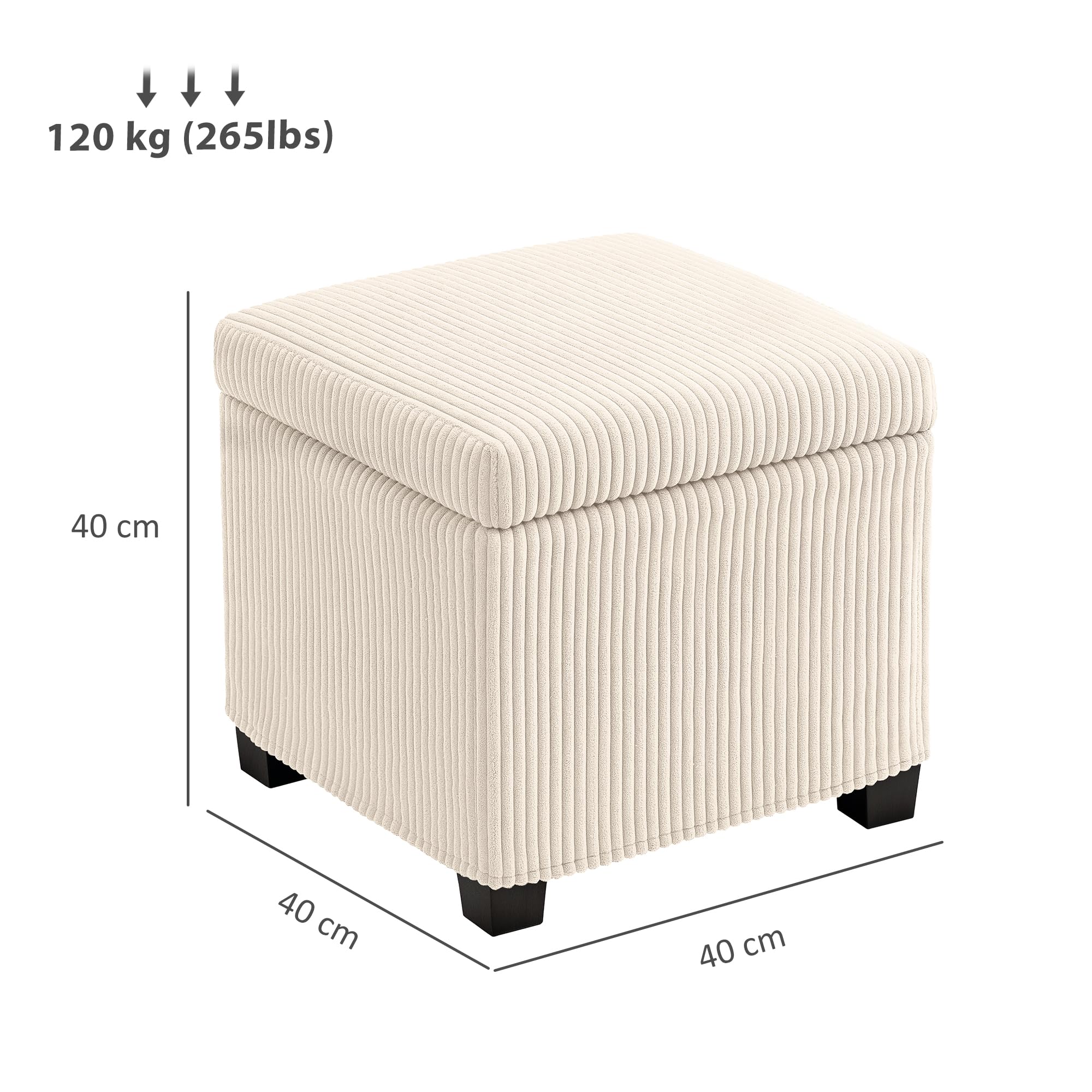 HOMCOM 40 cm quadratische Ottomane Aufbewahrungsbox mit abnehmbarem Deckel, gepolsterter Cord-Fußhocker, Fußstütze für Wohnzimmer, Schlafzimmer, Eingangsbereich, Beige