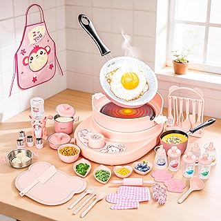 42 PCS Elektrische Kochplatte Set, Multicooker mit 5 Töpfen, Pfanne, Dampfer, 14-teiligem Besteck, für Wohnheim (Rosa)