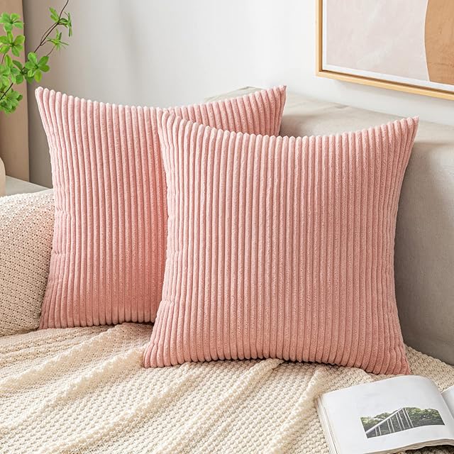 EMEMA Cushion Covers Corduroy Square Throw Pillow Covers Striped Soft Sham Home for Sofa Couch Bedroom Decorative Pillowcases 18x18 Inch 45x45cm Set of 2 Pink