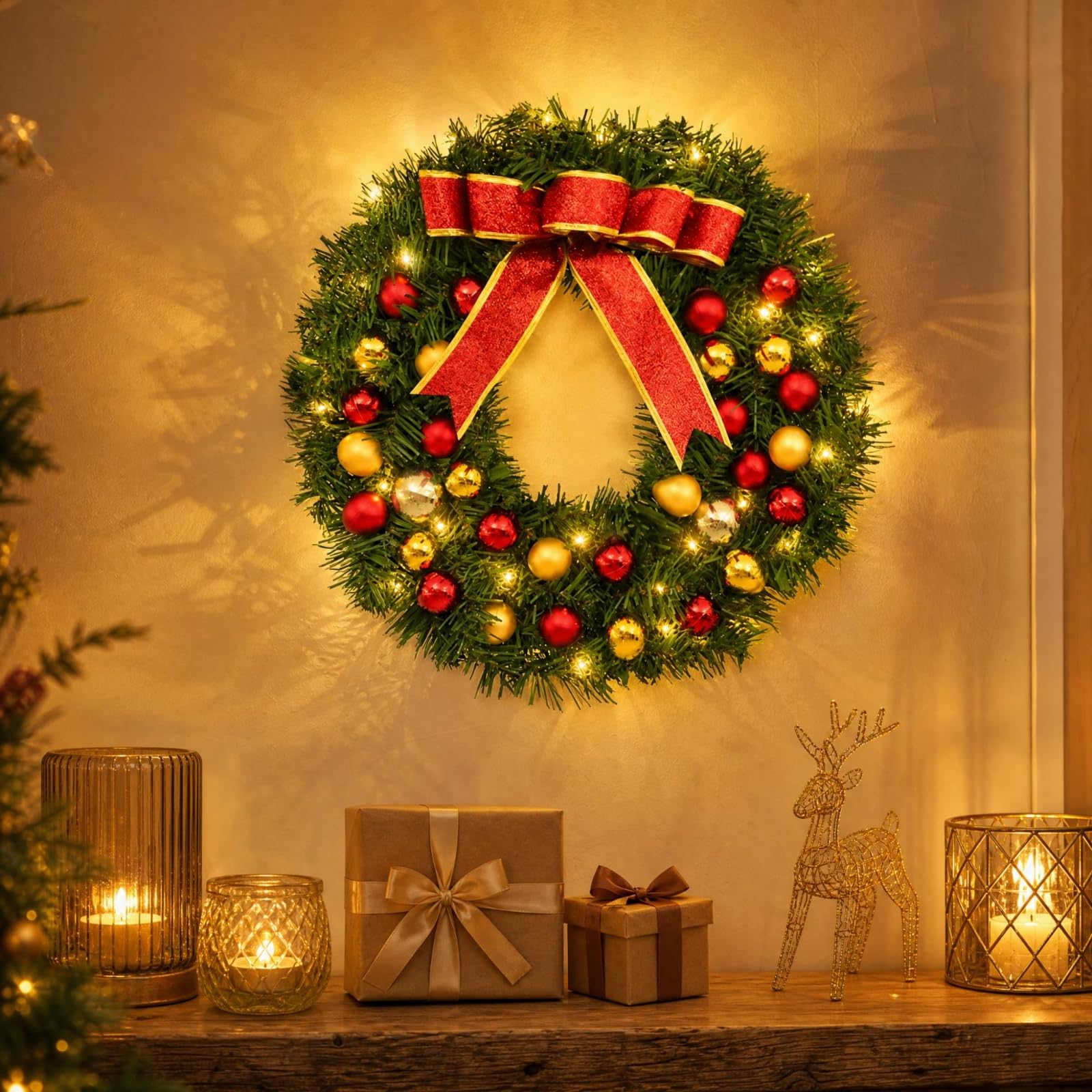 Ghirlanda Natalizia con Nastro Rosso Glitterato e Palline Fitto Ghirlanda di Natale in PVC con Struttura in Ferro Lusreggiante per Vetrina Negozio, 60CM