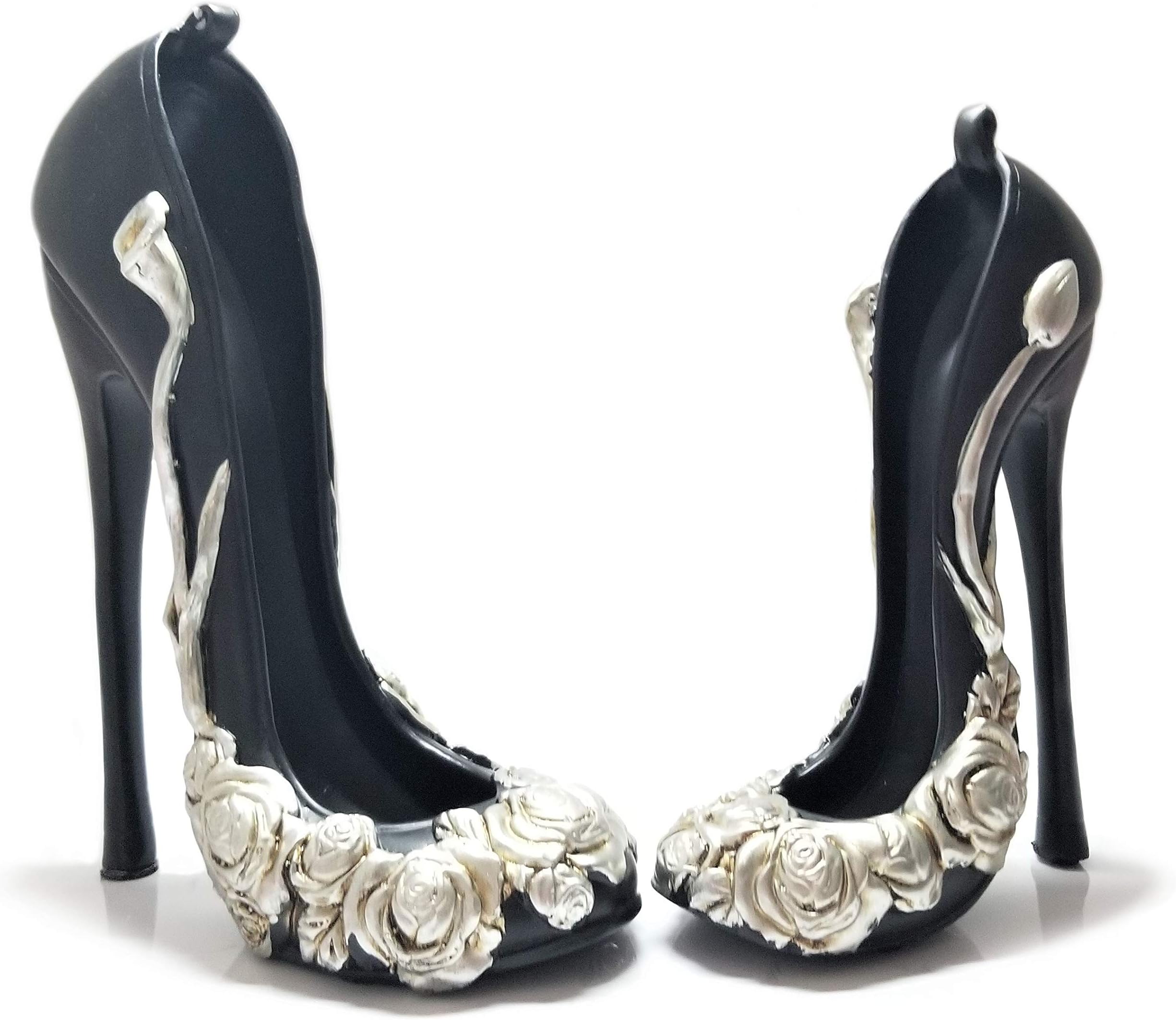 Dinnx 8" and 9" Handmade Hand-Painted Black & Silver Pairs High Heels Shoes Decorative Sculpture Carving Collectible Luxury Elegant Retro Sexy Style (Set of 2)
