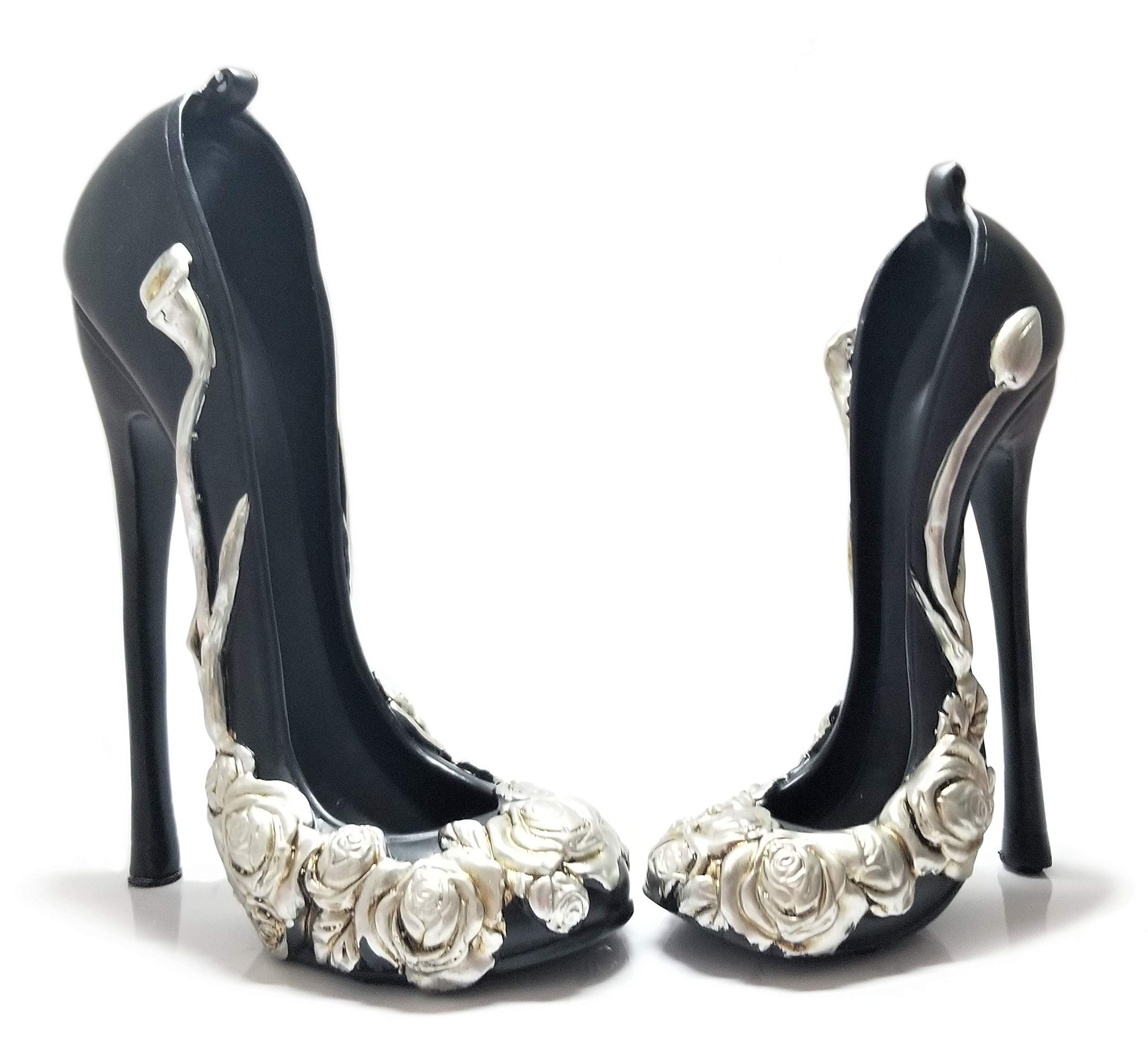 Dinnx 8" and 9" Handmade Hand-Painted Black & Silver Pairs High Heels Shoes Decorative Sculpture Carving Collectible Luxury Elegant Retro Sexy Style (Set of 2)