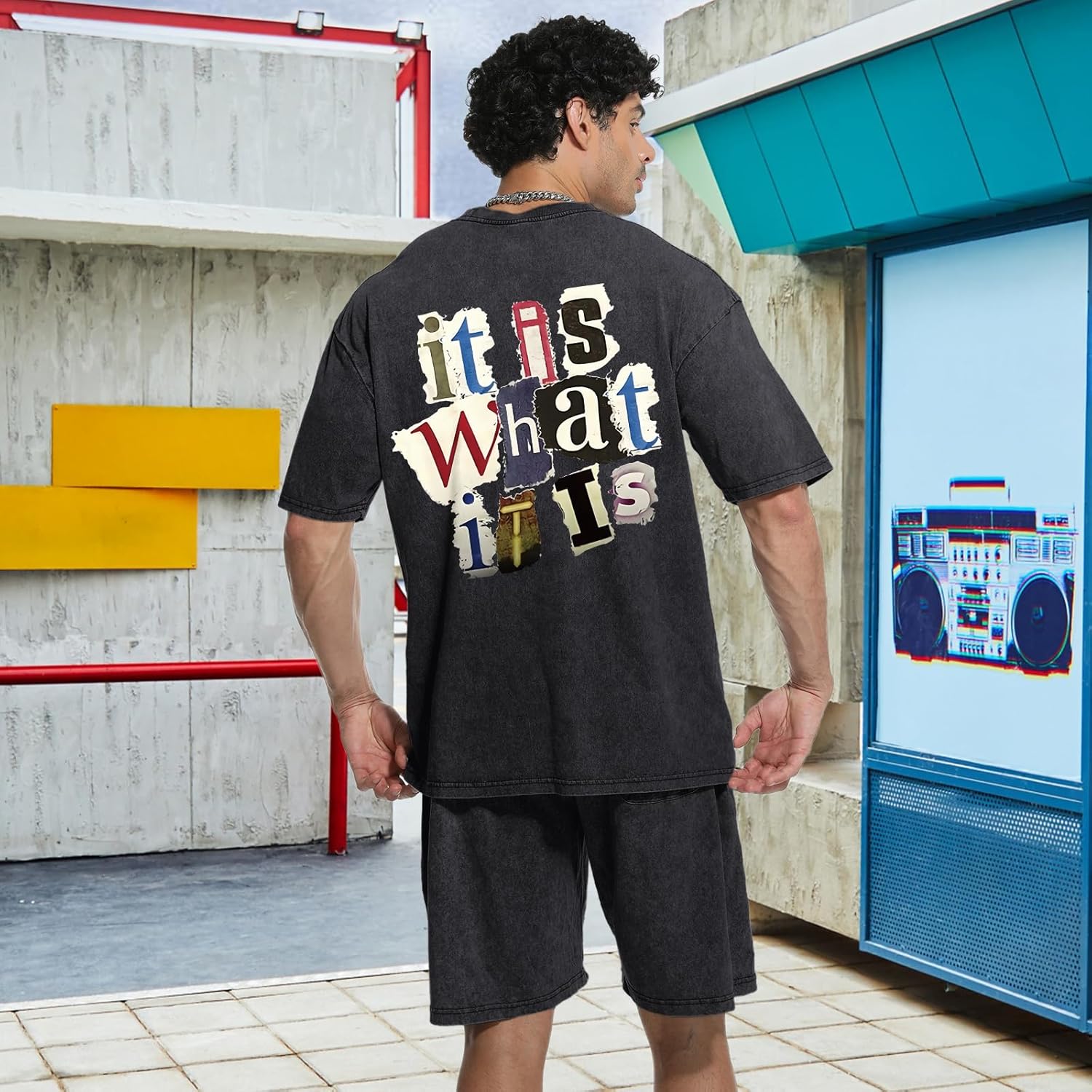 Men's 2 Piece Short Sets Vintage Graphic Letter Print Washed Short Sleeve T Shirts and Drawstring Shorts Set - Image 5