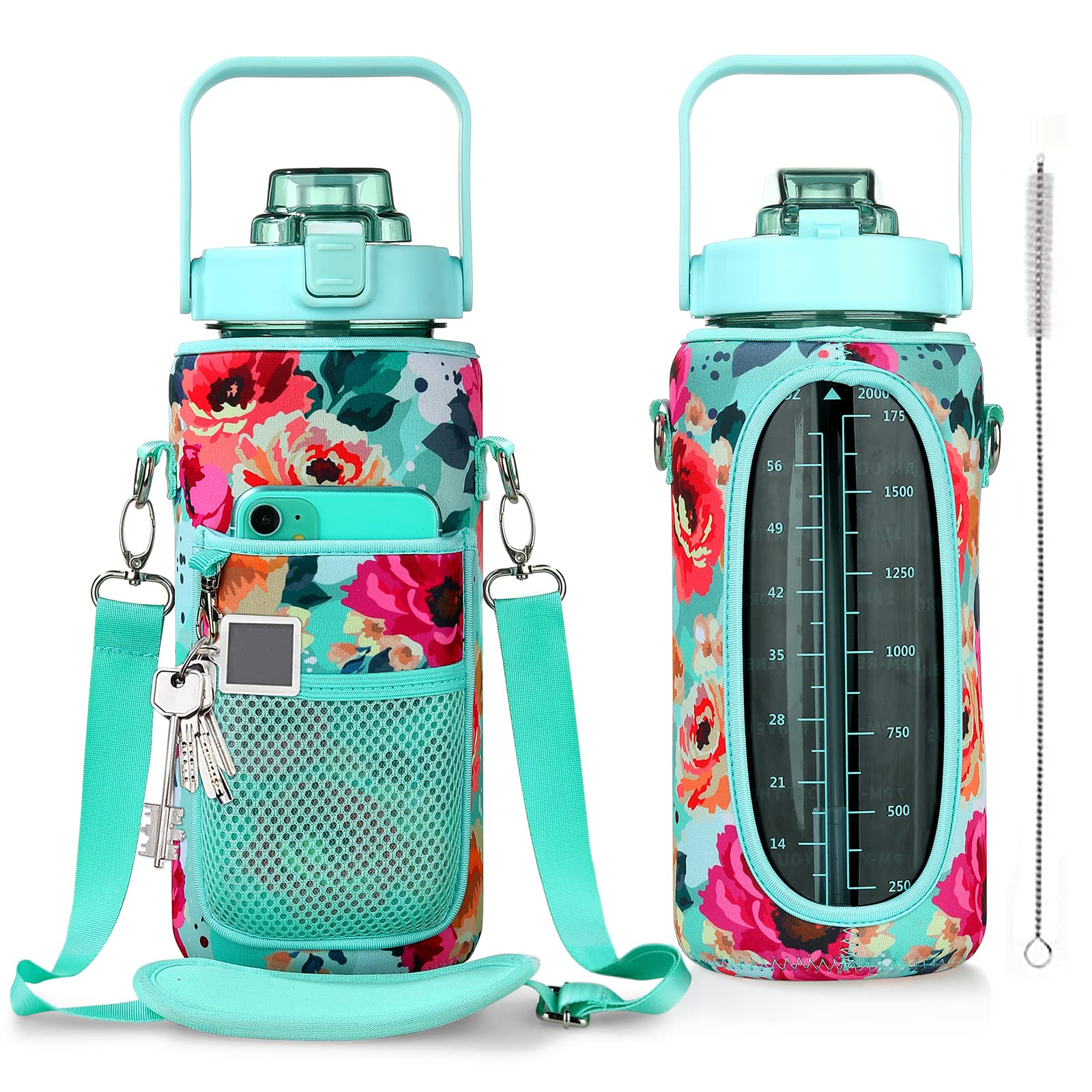 Half-Gallon Water Bottle With Sleeve 70 Ounces Inspirational Water Bottle With Straw And Time Stamp, Drinkable-Leak-Proof Tritan BPA-Free Sports Bottle, Reusable Insulated Neoprene Men And Women