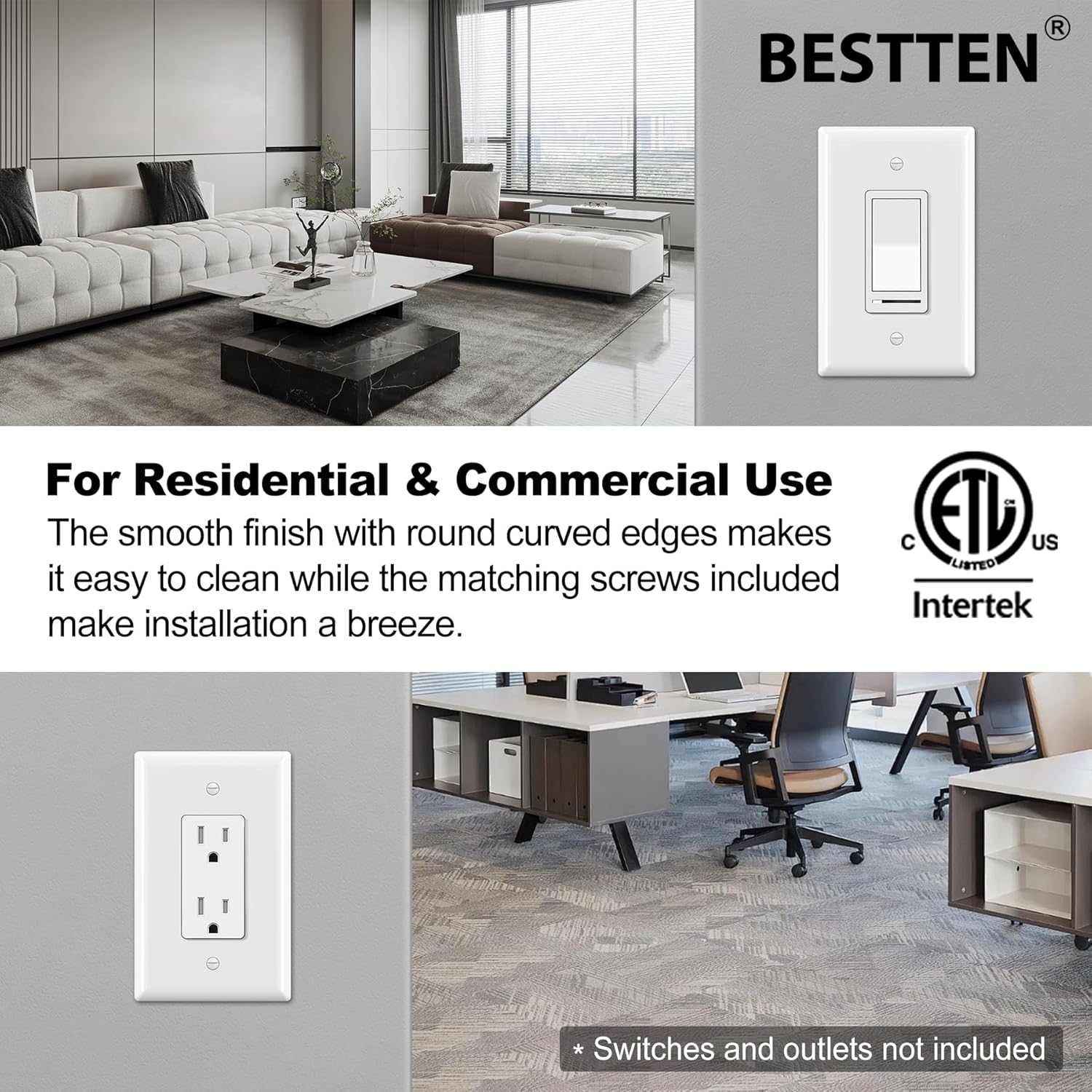 BESTTEN 50 Pack 1-Gang Jumbo Decor Wall Plate, Oversize Unbreakable Polycarbonate Decorator Receptacle Outlet Cover and Oversized Switch Plate, White, ETL listed
