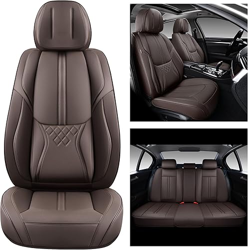 Miniatura 9 de Juego completo de fundas de asiento de coche marrones, fundas de asiento delantero y trasero, 5 piezas, protectores universales de cuero sintético