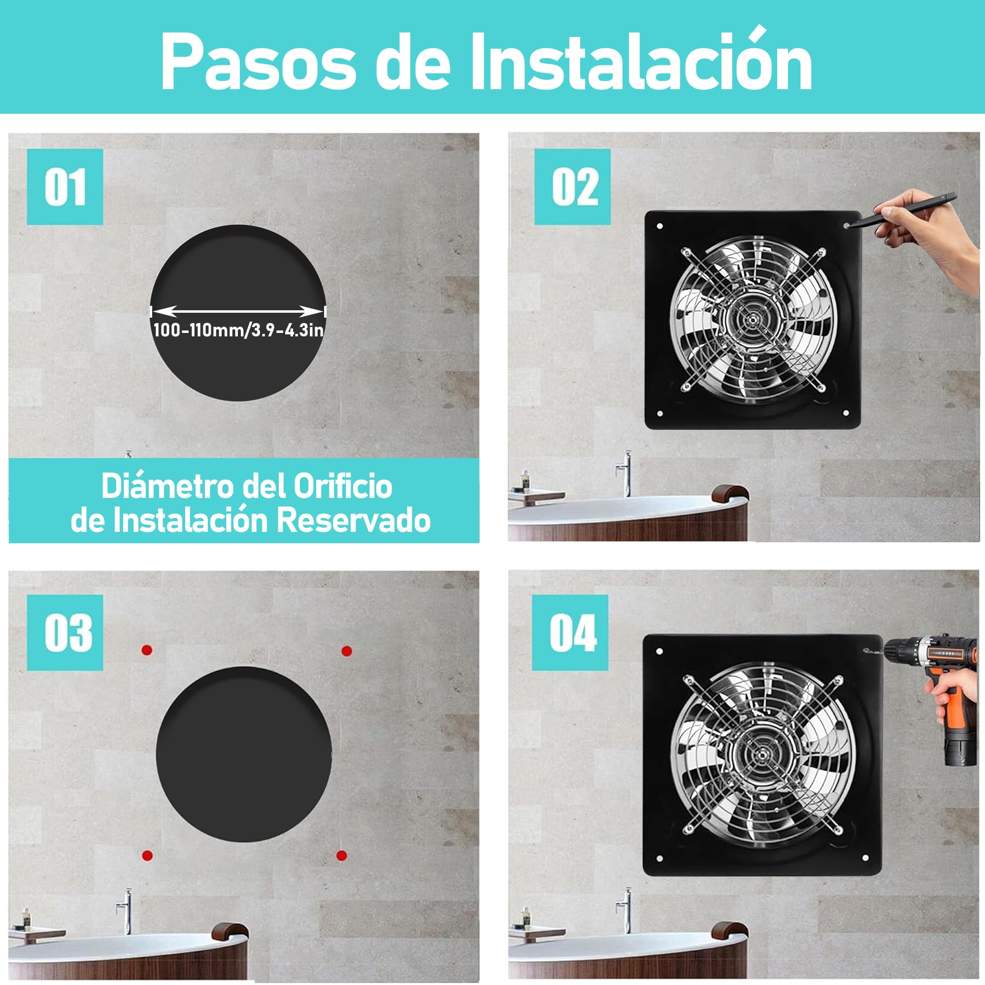 Extractor de Aire con Interruptor, Ventilador Silencioso Montado en Ventana con 3 Orificios para Campana de Cocina, Baño, Uso Industrial (4 pulgadas 20W)