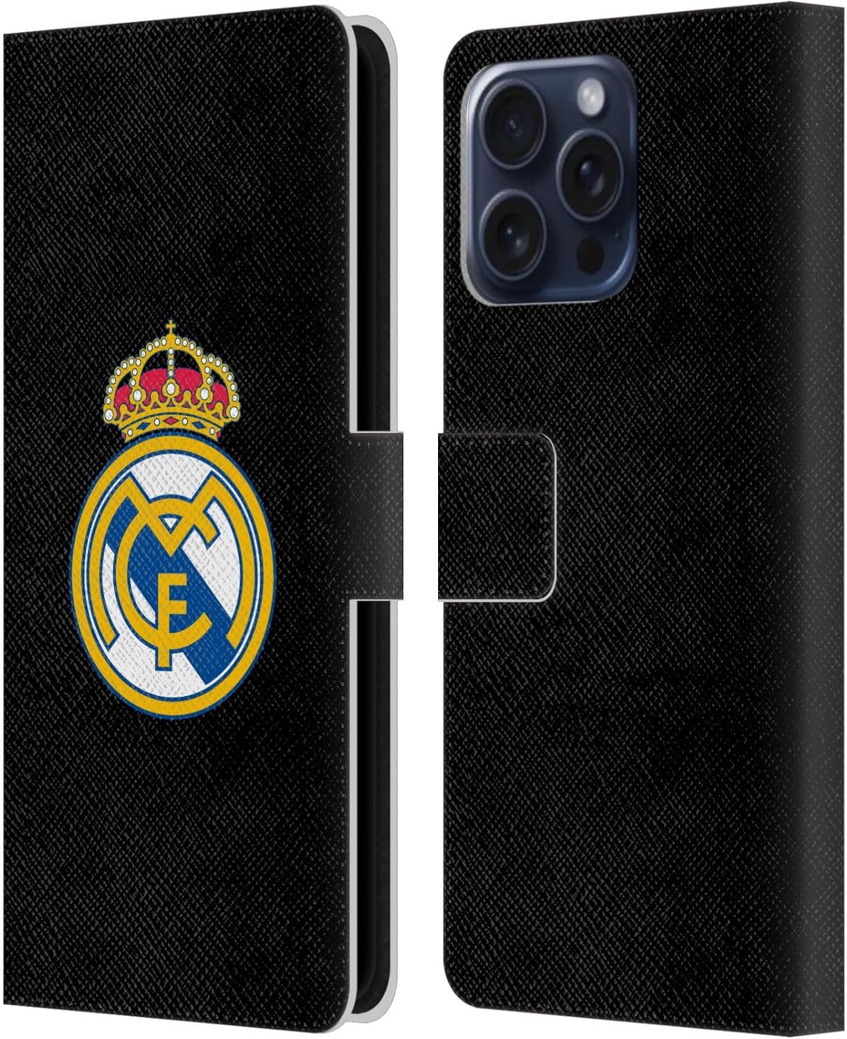 Head Case Designs Officially Licensed Real Madrid CF Plain Logo Black Origin Leather Wallet Case Compatible with Apple iPhone 16 Pro Max