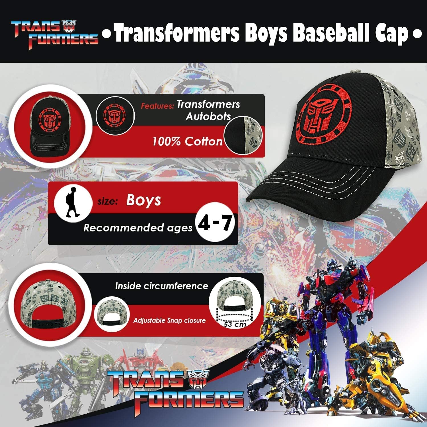 Hasbro Little Boys Transformers Autobots Cotton Baseball Cap, Age 4-7