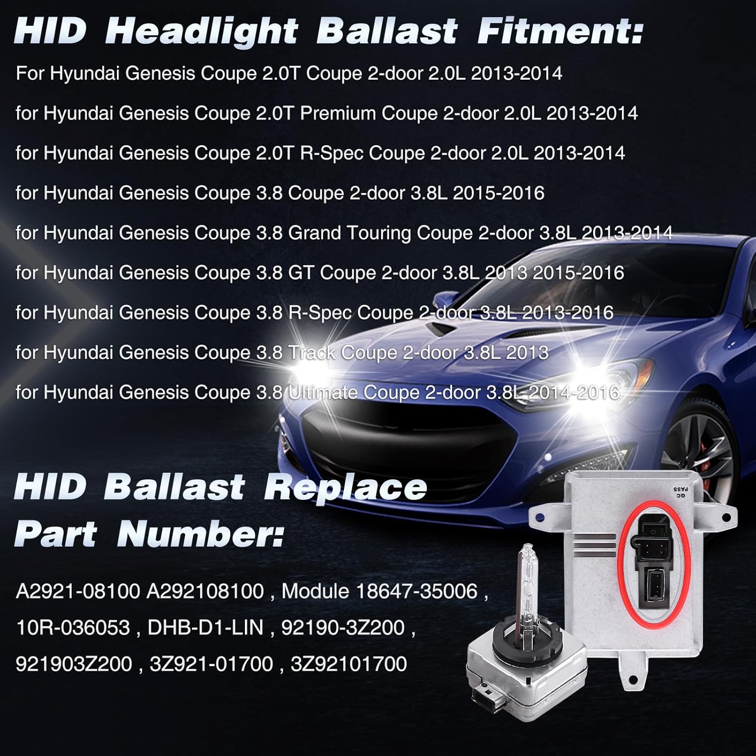 HID Headlight Ballast W/D1S Bulb for Hyundai Genesis Coupe 2013-2016 3Z92101700,92190-3Z200 Xenon Ballast Control Module