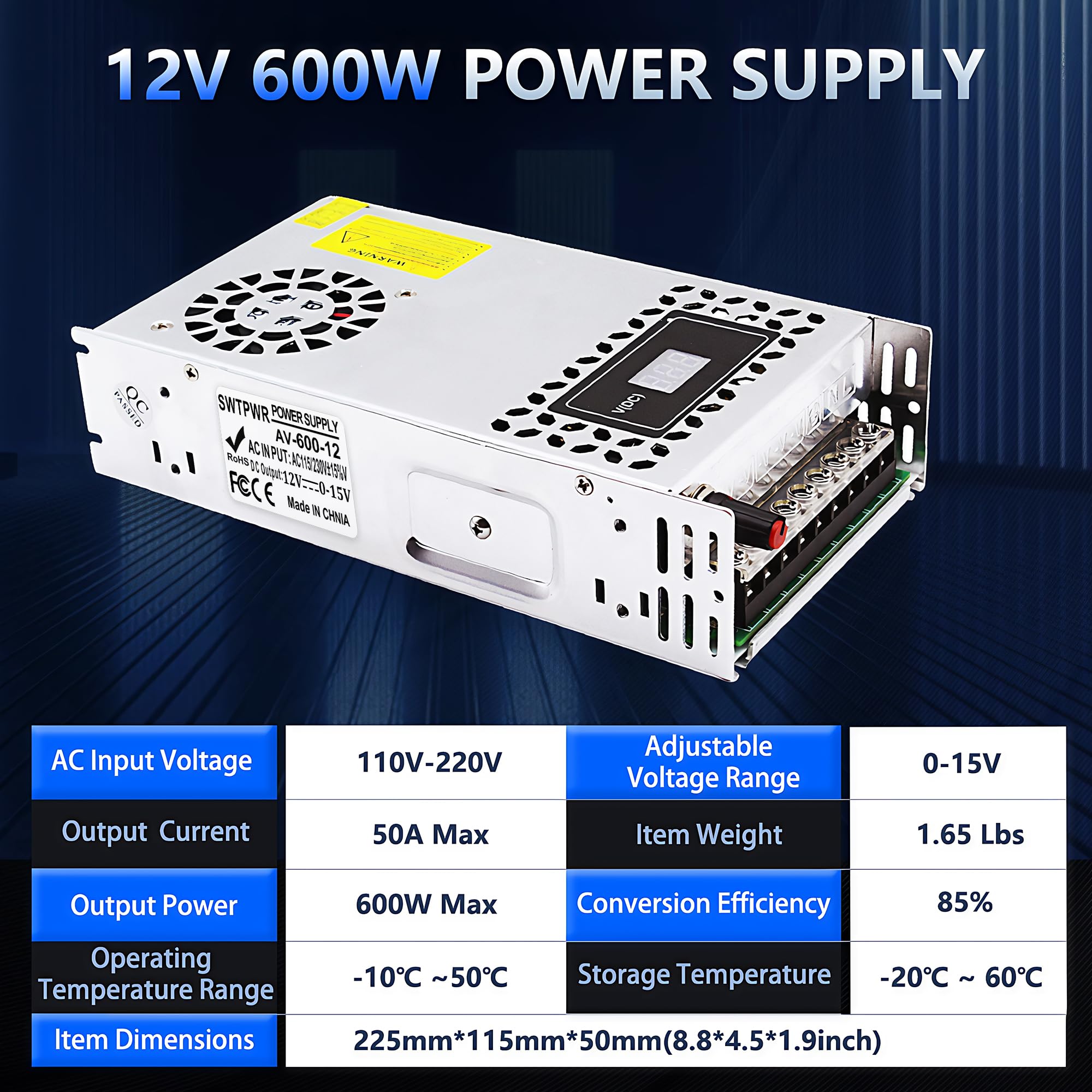 Fuente de alimentación variable DC 0-15V 600W con visualización LED Fuente de alimentación de 12V Convertidor de CA a CC ajustable de 110V a 12V diseñado para equipos electrónicos estéreo de