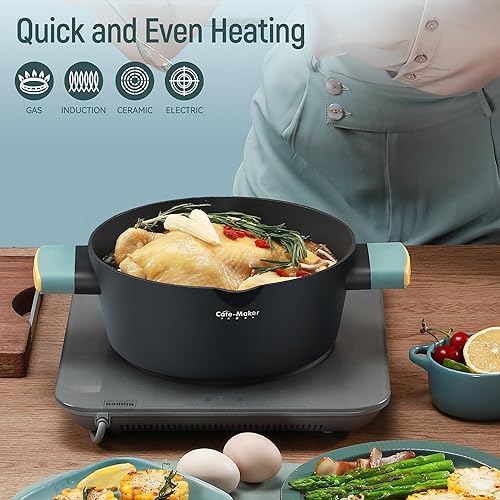 Miniatura 6 de Ollas y sartenes antiadherentes, juego de 8 piezas de utensilios de cocina azul glaciar con tapas, juego de cocina con borde de tapa de silicona a