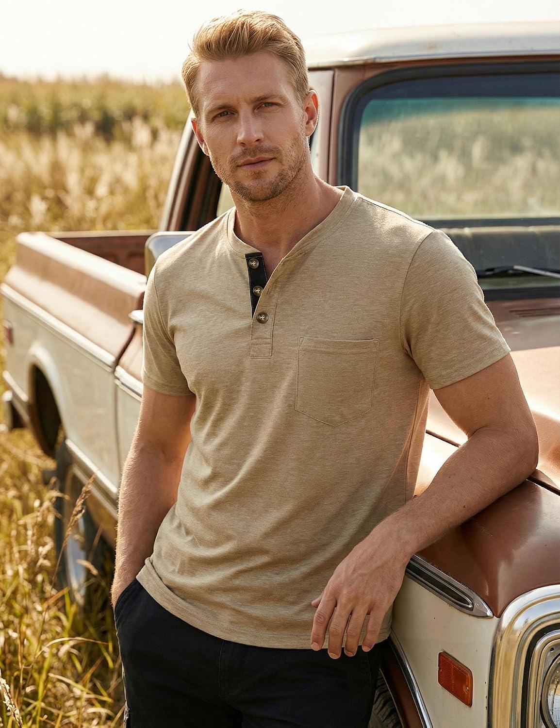 LucMatton Men's Lightweight Short Sleeve Henley T Shirt