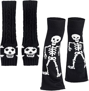 F Flammi Arm Warmers Goth Knitted Fingerless Gloves Punk Skull Hand Warmers for Cosplay Typing Driving