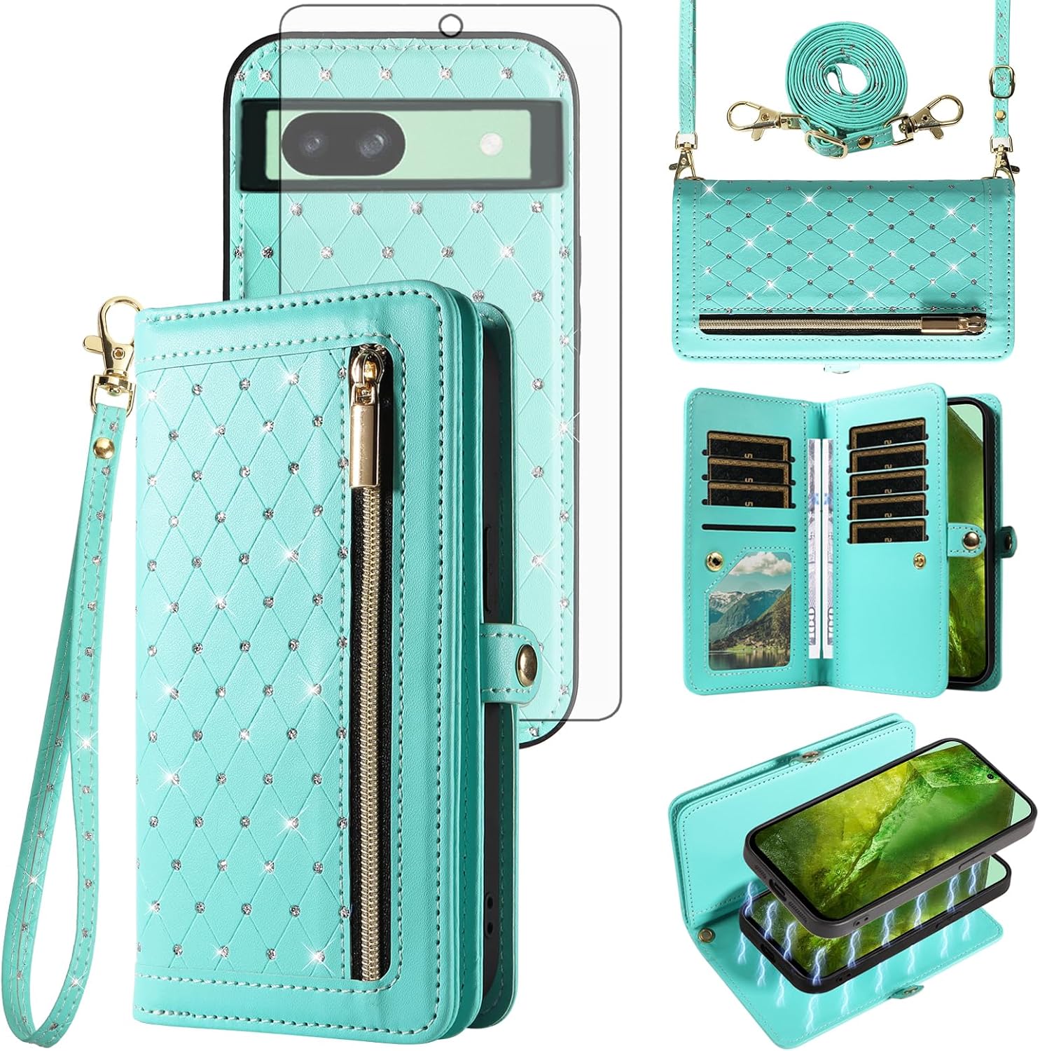 Asuwish Phone Case for Google Pixel 8A 5G Zipper Wallet Detachable Magnetic Cell Cover with Tempered Glass Screen Protector Crossbody Strap Bling Glitter Flip Credit Card Holder Pixel8A A8 Women Teal