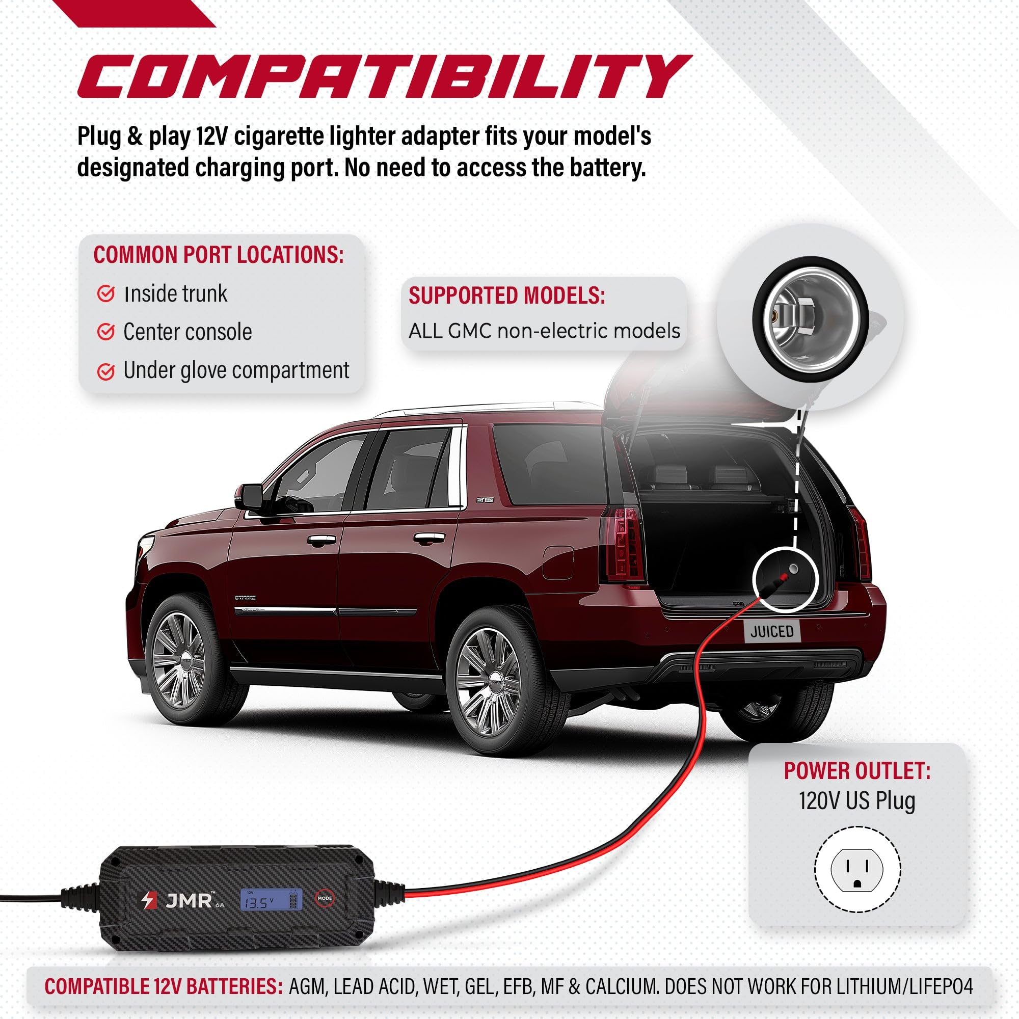 JMR Battery Charger for GMC Hummer Sierra Yukon Savana Acadia Canyon Terrain Envoy All Models Trickle Charger Conditioner Maintainer (No Lithium Mode)