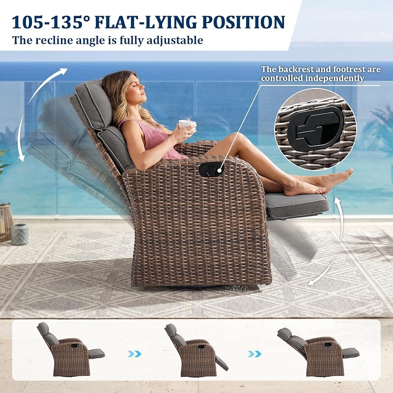 Outdoor Swivel Recliner with Separate Adjustable Backrest and Retractable Footrest, Wicker Patio Lounge Chair with Flip-Up Table, Comfortable Lounge Chair with 5-Inch Thickened Cushion | Brown Gery image 4