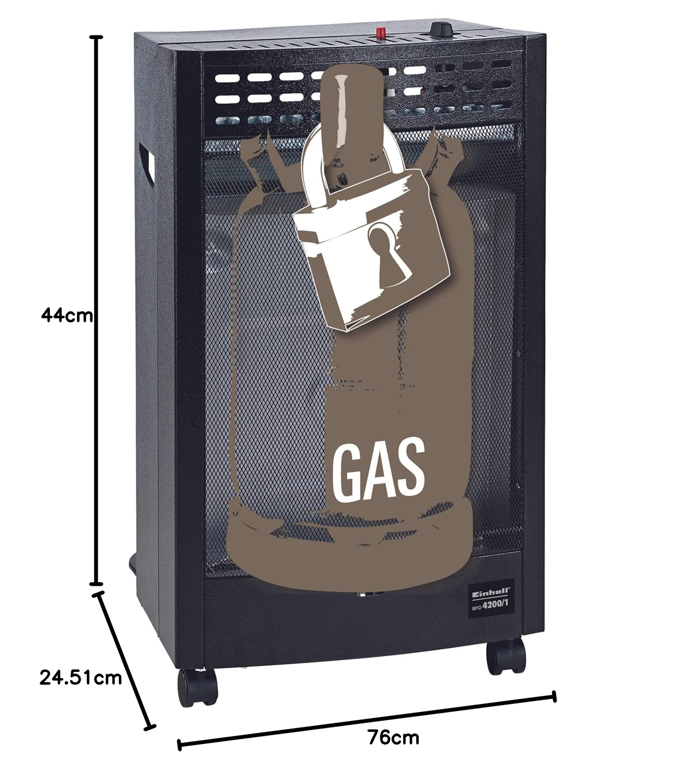 Einhell Blue Flame Gasheizofen BFO 4200/1 (4.200W, 300 g/h Gasverbrauch, Stahlblechgehäuse, Piezozünder, Lenkrollen, inkl. Gasschlauch) Schwarz