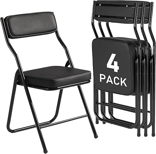 Susici Paquete de 4 sillas plegables grises con asientos acolchados de poliuretano, sillas plegables comerciales apilables portátiles con marco de Susici Paquete de 4 sillas plegables grises con asientos acolchados de poliuretano, sillas plegables comerciales apilables portátiles con marco de