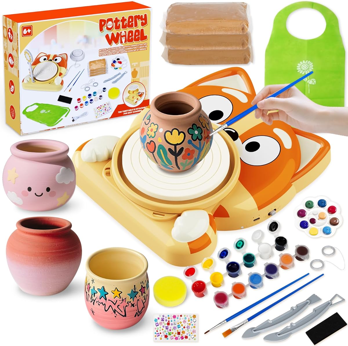 Innofans Pottery Wheel for Kids - Complete Pottery Wheel Kit for Beginners, Arts and Crafts for Kids Ages 8-12 with 3 Pack Air Dry Clay, Mini Clay Making Pottery Wheel with Foot Pedal (Dog, Patented)