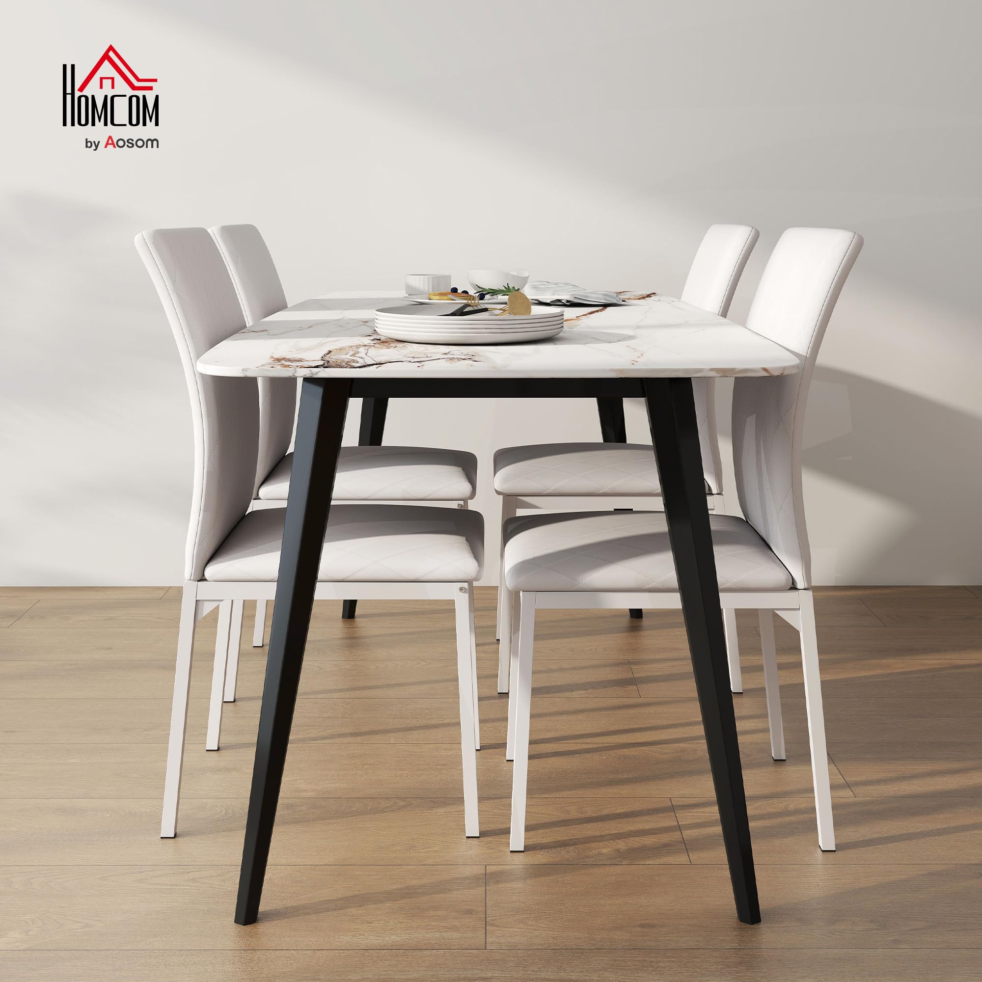 HOMCOM Lot de 4 Chaises de Salle à Manger Modernes, Rembourrées Blanc | Chaises de Cuisine, Capitonnage Rhombique, Pieds en Métal, pour Salon, Maison
