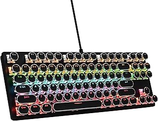 Ussixchare Typewriter Style Mechanical Gaming Keyboard with 87-Key Retro Punk Round Keycap, Rainbow Backlit USB Wired Keyboard for Windows Laptop PC Mac, for Game and Office, Blue Switches/Black