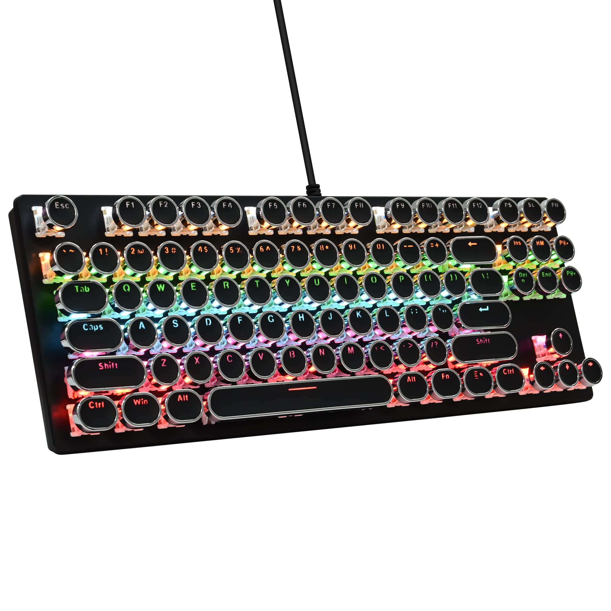 Ussixchare Typewriter Style Mechanical Gaming Keyboard with 87-Key Retro Punk Round Keycap, Rainbow Backlit USB Wired Keyboard for Windows Laptop PC Mac, for Game and Office, Blue Switches/Black