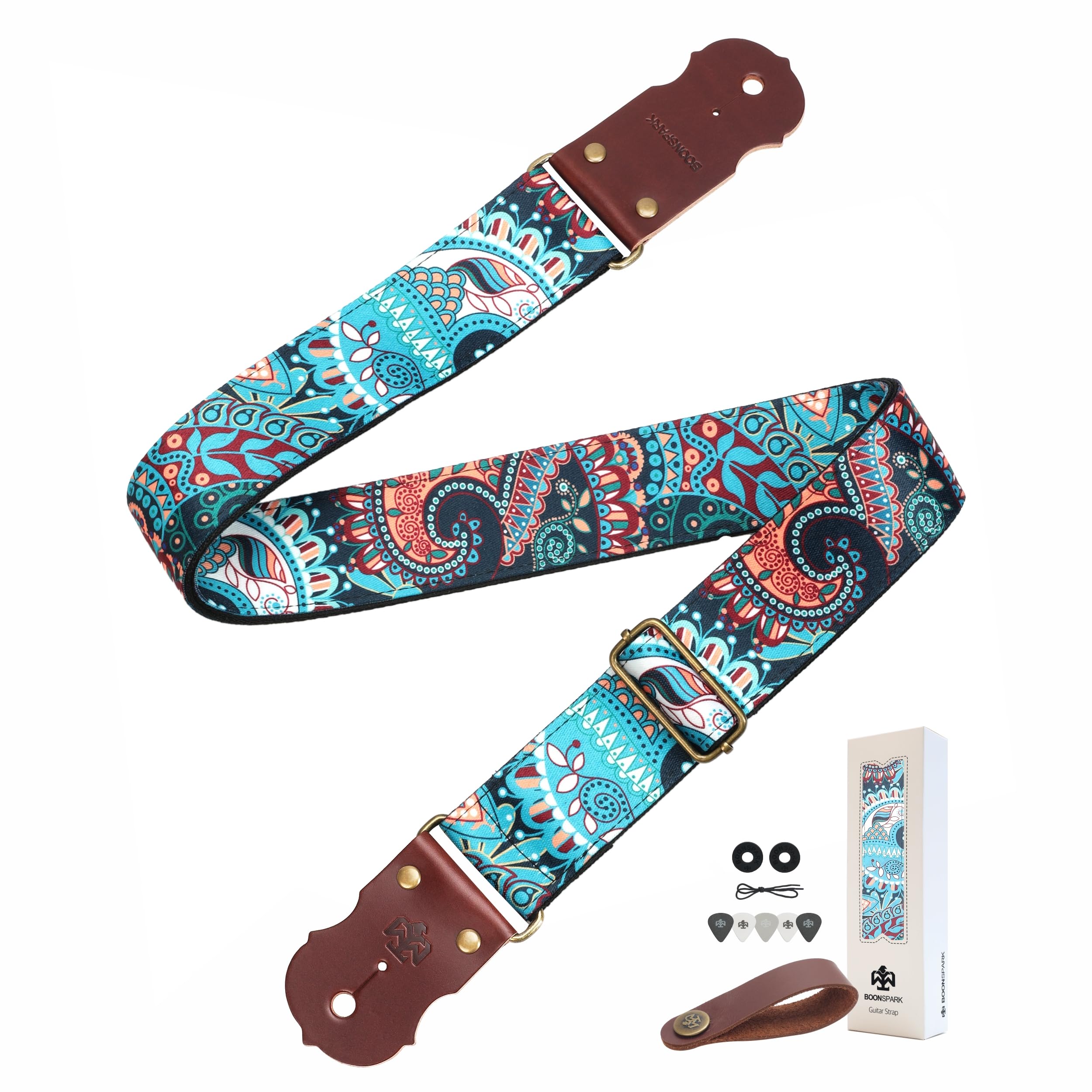 Bohemian Guitar Strap - Real Thick Cowhide Ends,Safe Durable,2in Wide Soft Bohemian Print Nylon Weave Adjustable Guitar Straps for Acoustic,Bass &amp; Electric Guitars,Guitarists Gift Set