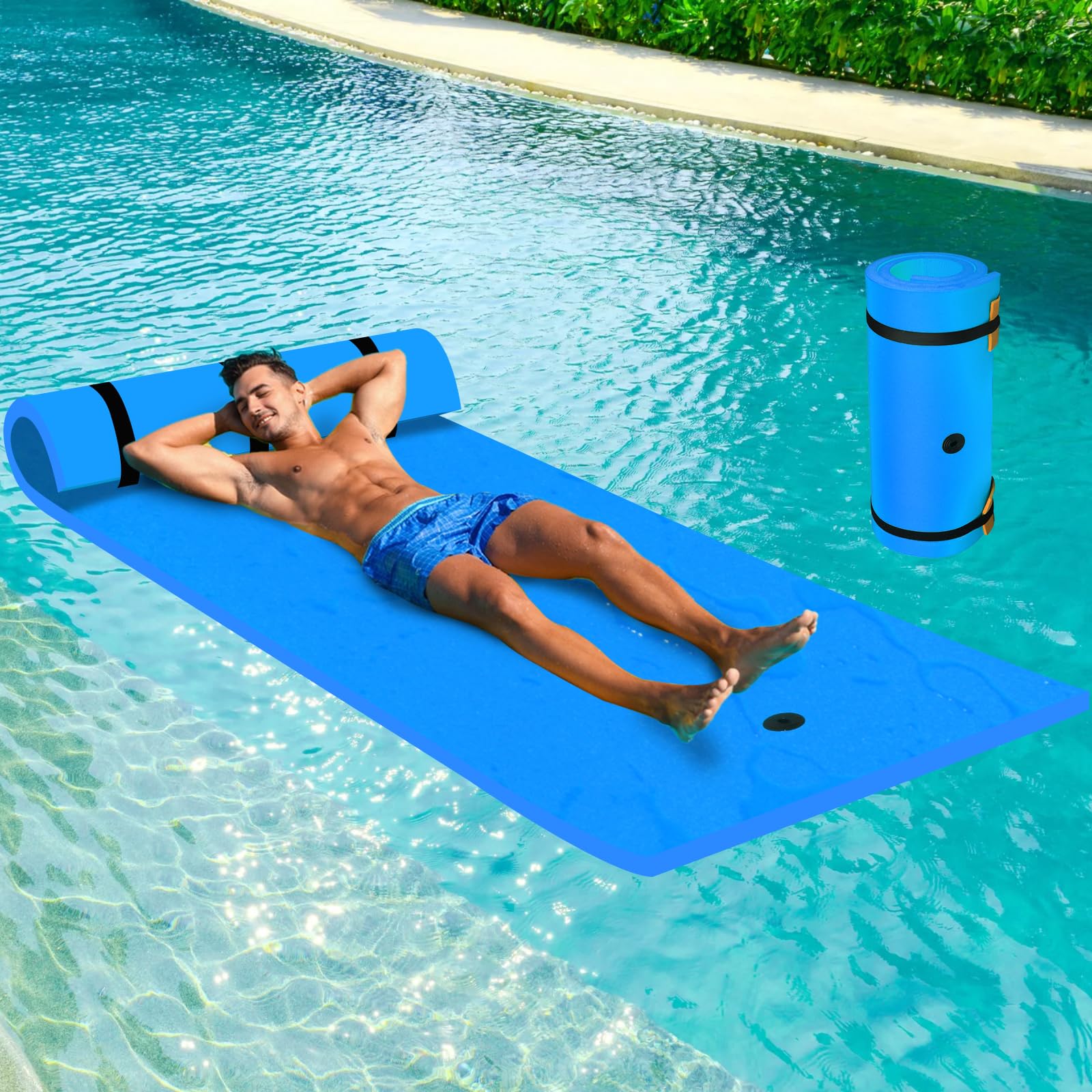 210 x 90 cm Matelas Flottant en Mousse XPE, Tapis d'eau en Mousse Enroulable Résistant à la Déchirure, Tapis Flottant Piscine pour Adultes de Charge 100KG, Lac, Piscine, Plage (Bleu)