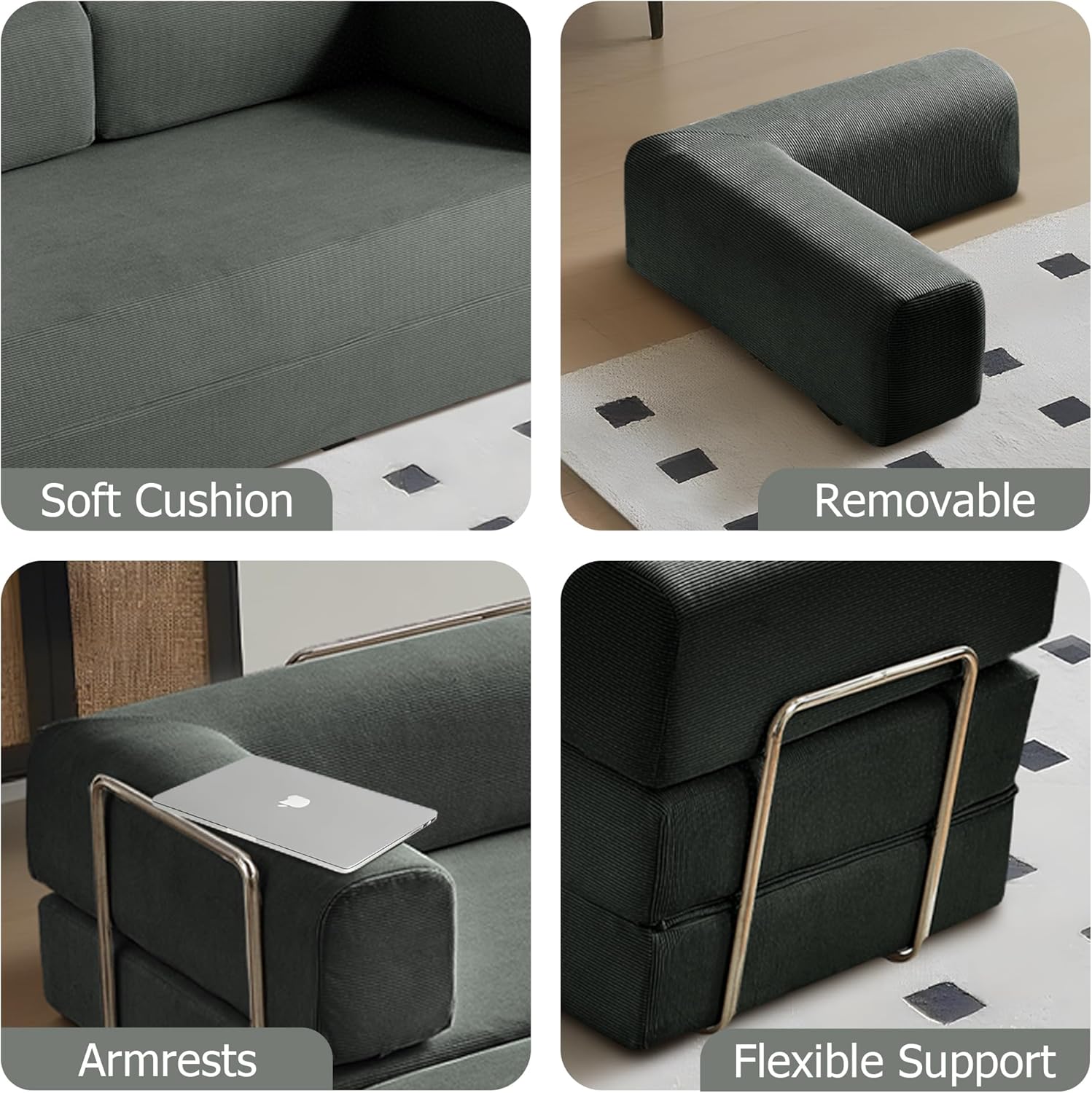Convertible Folding Sofa Bed, 4-in-1 Foldable Loveseat Sleeper Corduroy Floor Sofa Comfy Pull Out Modular Futon Couch for Living Room Apartment Bedroom, Grey