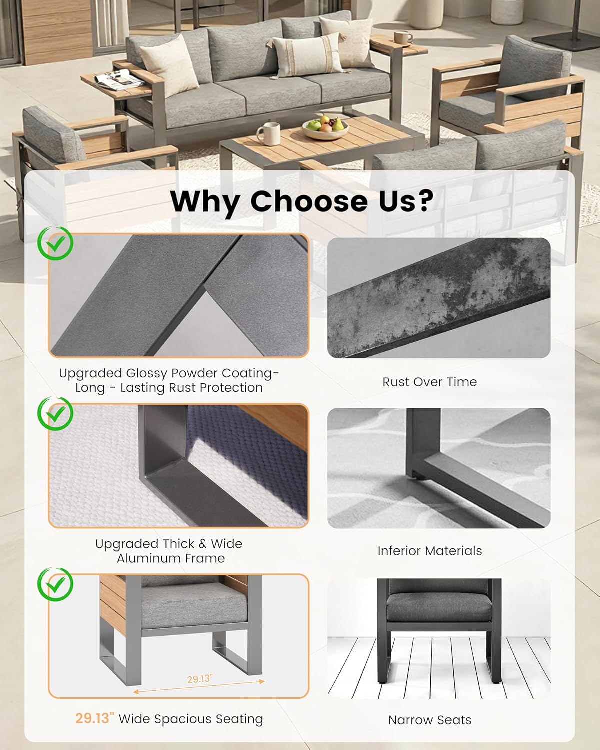 Sundale Outdoor 3-Seat Aluminum Patio Sofa, Shimmer Coated Outdoor Couch with 2 Extendable Side Tables, All Weather Outdoor Furniture for Balcony, Porch (Grey, 3-Seat Sofa)