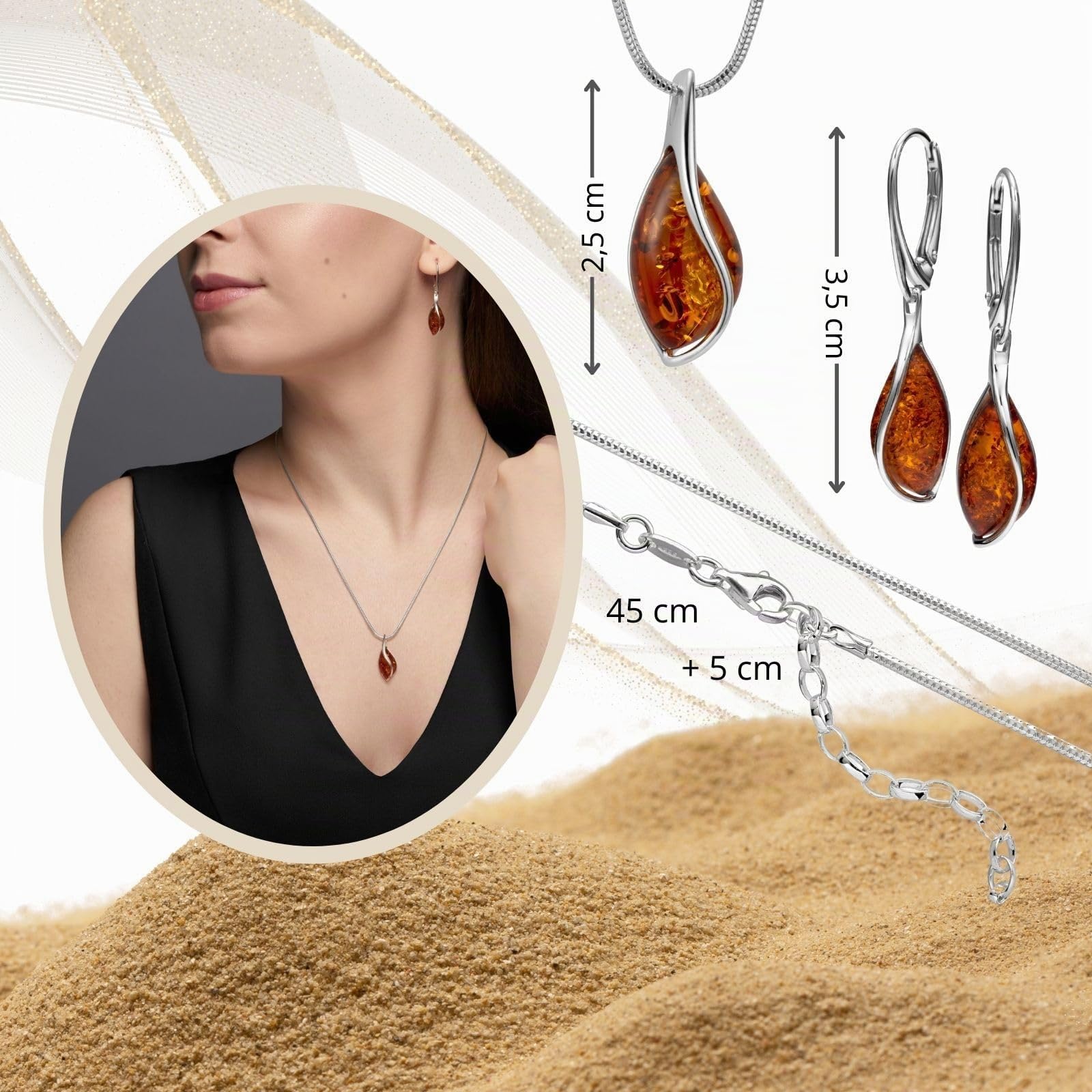 Damen Schmuckset Mit Bernstein Anhänger Und Ohrringen Aus Sterling-Silber