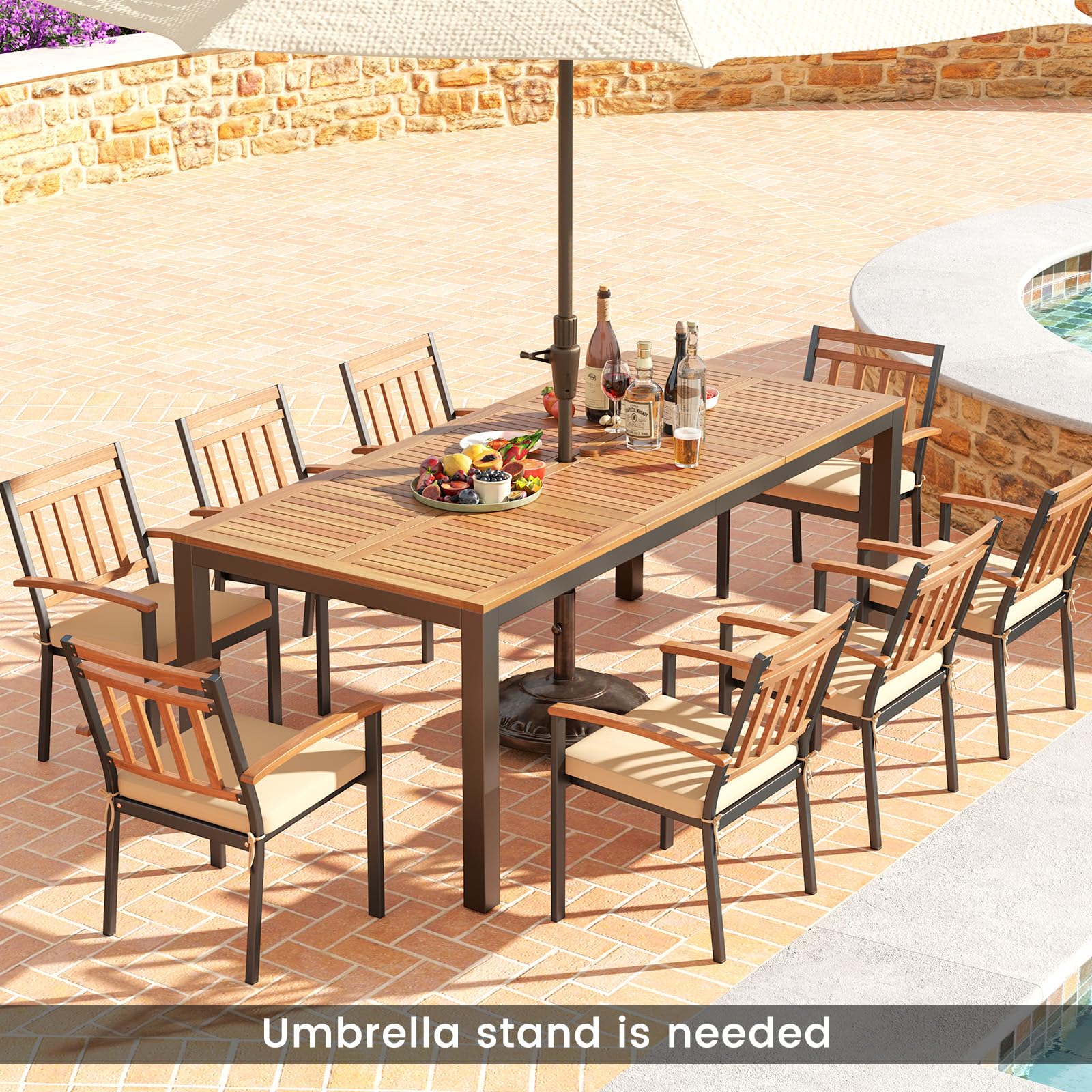 GIANTEX Gartentisch Esszimmertisch Akazienholz, Garten Esstisch für 8 Personen, Rechteckiger Küchentisch Biertisch mit Schirmloch, Massivholztisch mit Metallgestell, Terrassentisch(Vertical)