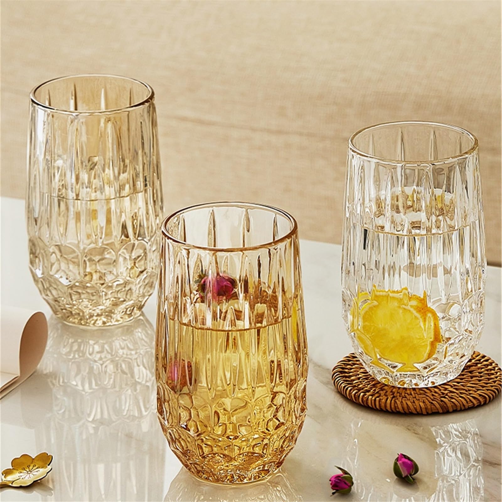Gobelets en verre texturés en verre cristal, 2 tailles, transparents, verres de luxe pour cocktails, thé, eau, bière, boissons gazeuses
