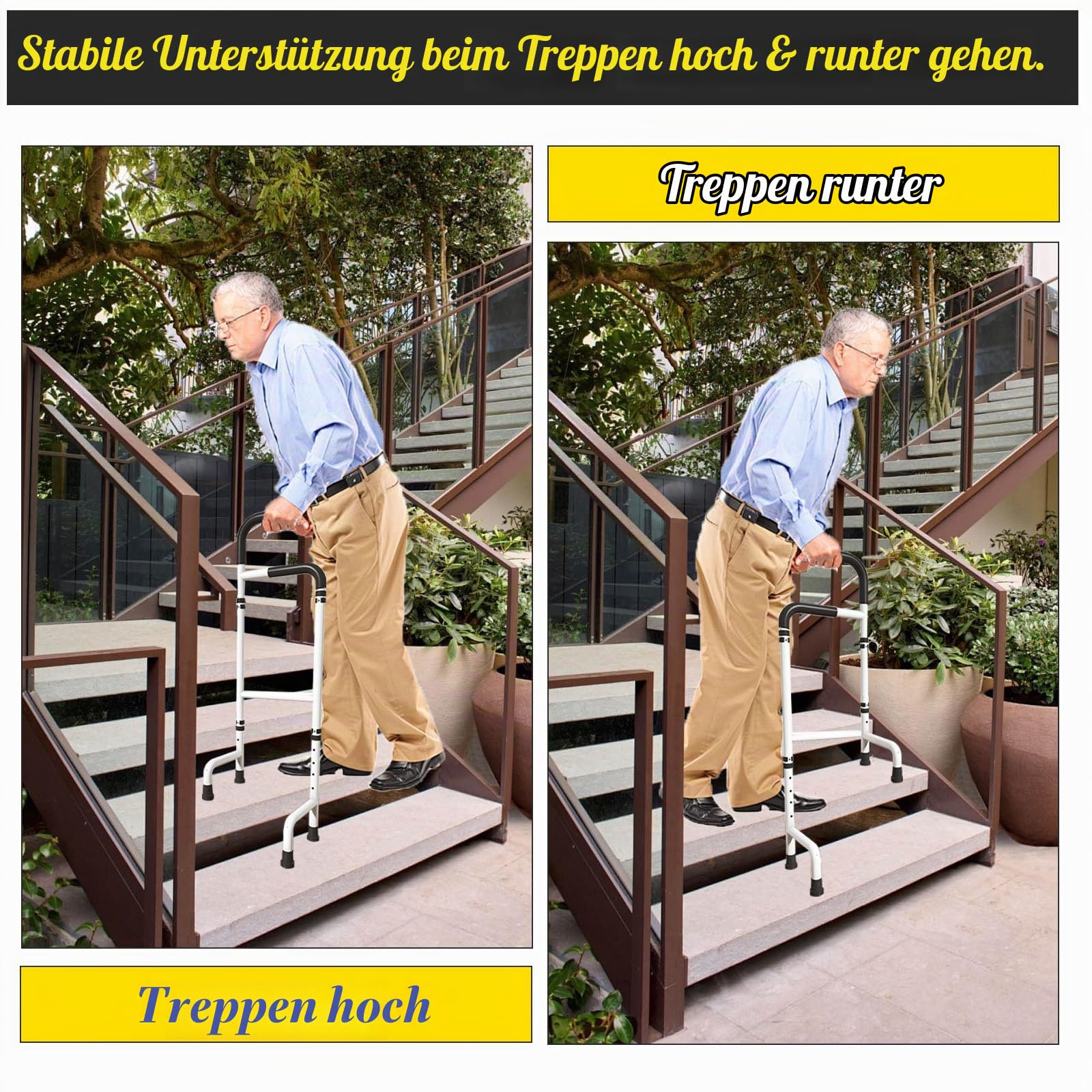 Treppensteighilfe aus Aluminium, Treppenhebehilfe Verstellbare Höhe 76 cm-117 cm, Stabiler Treppenstock, Höhenverstellbar Gehhilfe für Senioren Erwachsene, Tragfähigkeit 136 KG