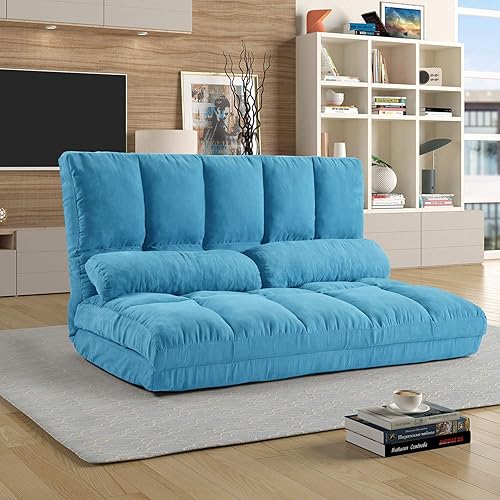 Miniatura 1 de LZ LEISURE ZONE Sofá cama Lazy Sofá cama ajustable para juegos, sofá plegable para juegos, futón con 2 almohadas (azul)