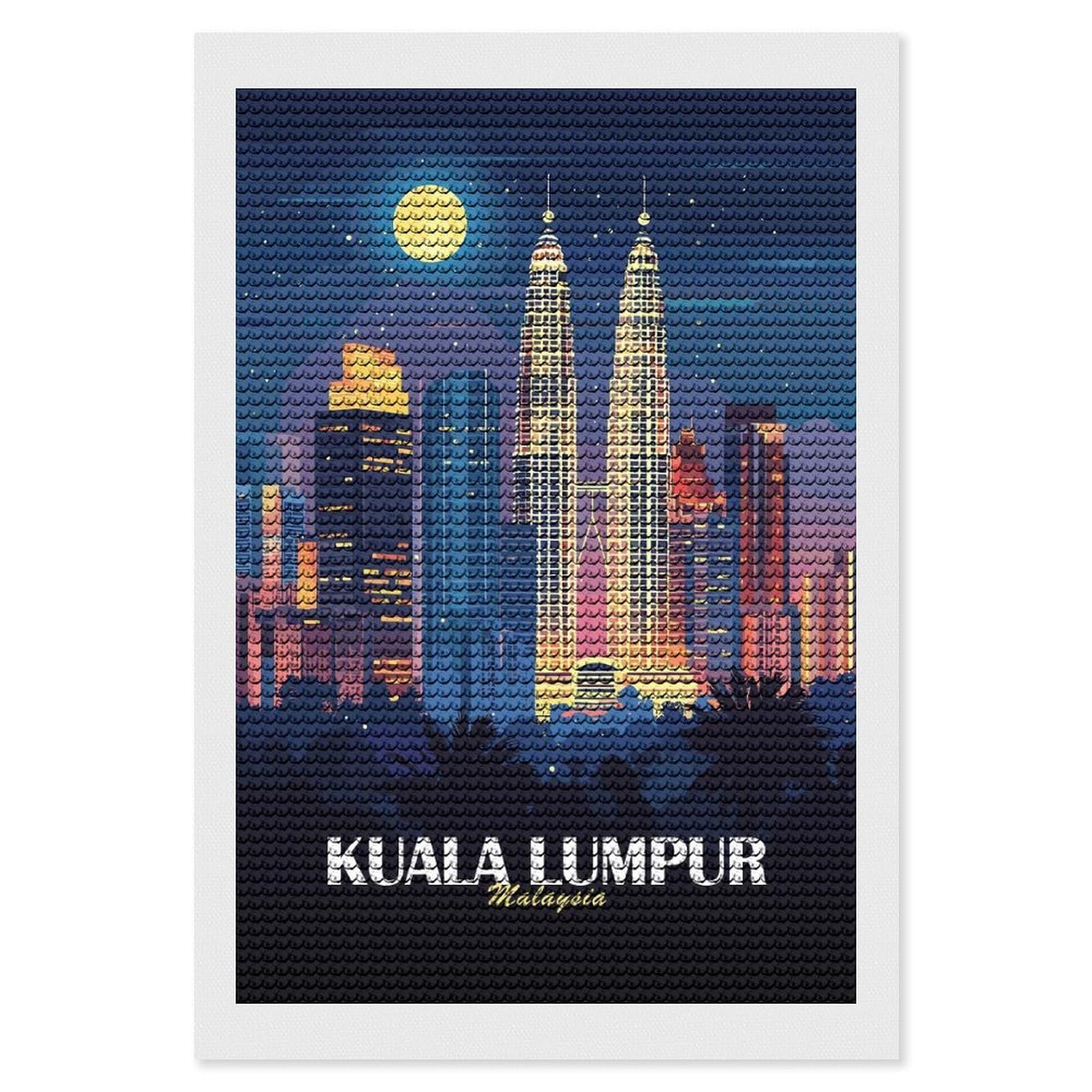 Junmoney Kuala Lumpur Cityscape at Night Diamond Painting Kit 8"x12", Easy Handmade Project, Cosy Home Accent, for Craft Lovers, Holiday Gift Idea