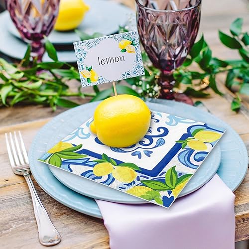 Miniatura 5 de JarThenaAMCS 80 servilletas de papel de limón cian-azul azulejo de almuerzo servilletas desechables de acuarela limón para primavera verano