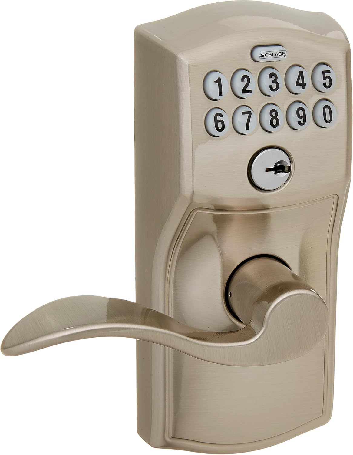 Schlage Lock Company FE595CAM619ACC Camelot Keypad with Accent Lever, Satin Nickel