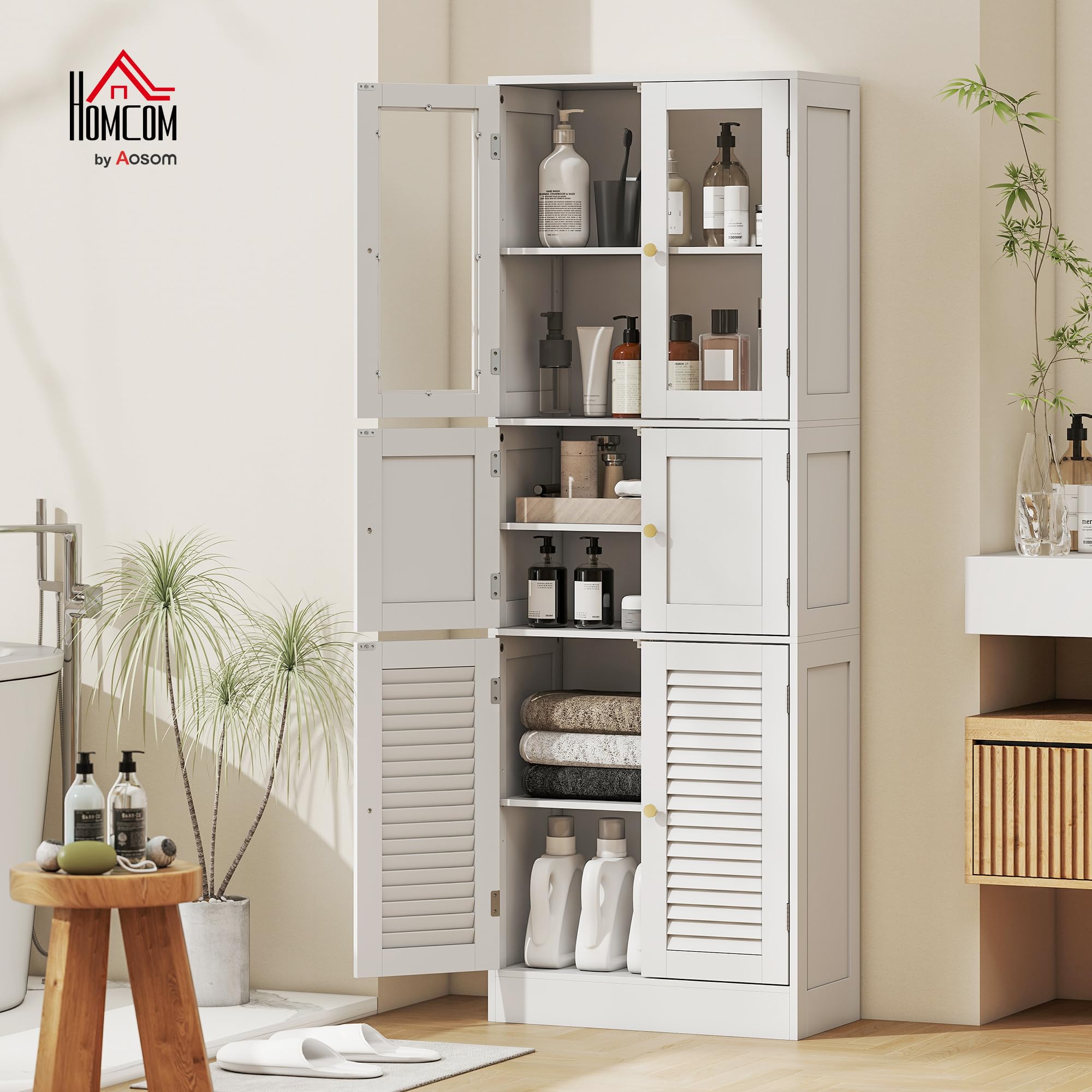 HOMCOM Mobile Bagno Alto Slim con 3 Armadietti a Maniglie, Mobiletto Bagno Salvaspazio con Ante Magnetiche in Vetro, a Persiana e Ripiani Regolabili, per Sala da Pranzo Soggiorno, 60x30x170cm, Bianco
