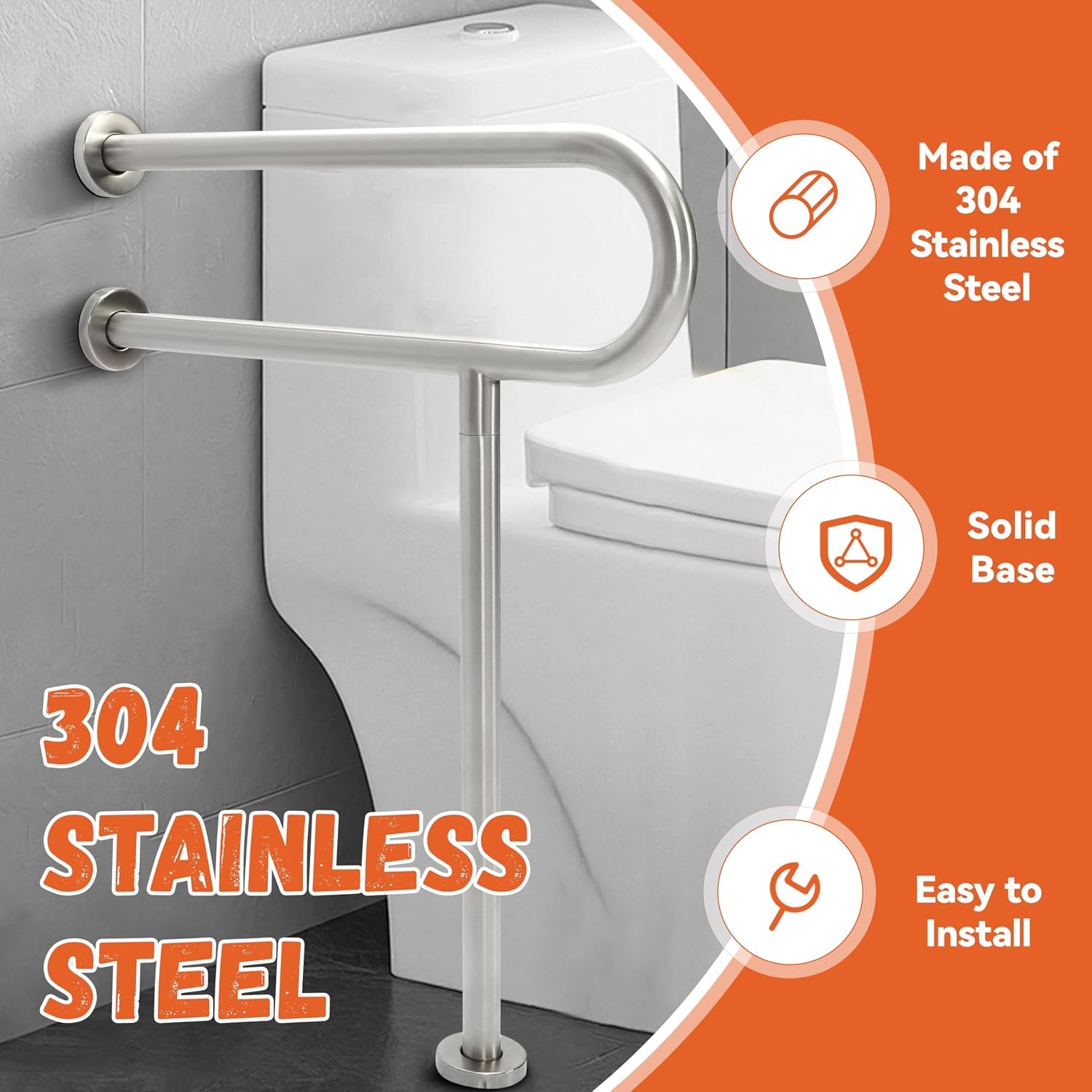 KUAFU 24x30 Inch Toilet Grab Bar Handicap Rail Support for Elderly Disabled Pregnant Woman Toilet Hand Rail Bathroom Shower Safety 304 Stainless Steel Commode Support Bar Grips with Support Leg