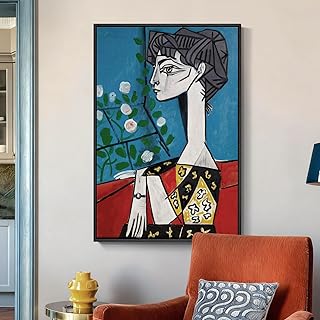 Large Canvas Wooden Framed Abstract Wall Art, Mid Century Modern Cubist-...