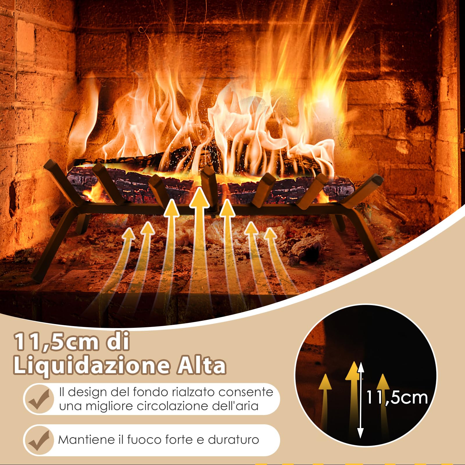 COSTWAY Brucialegna per Camino da 46 cm, Portalegna in Ferro Battuto con 7 Barre da 14 mm, Design a V e Altezza Elevata, Supporto per Legna per Caminetto, Stufa a Legna e Bracciere