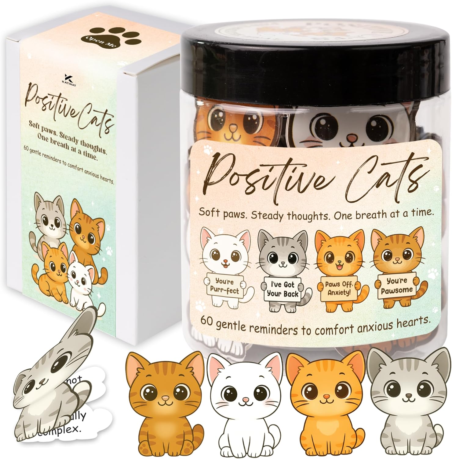 Positive Cats Jar – 60 Affirmation Cards for Anxiety & Self Care, Cute Cat Gifts for Women, Teens & Men, Coworker Mental Health & Stress Relief Support Gifts, White Elephant Gift
