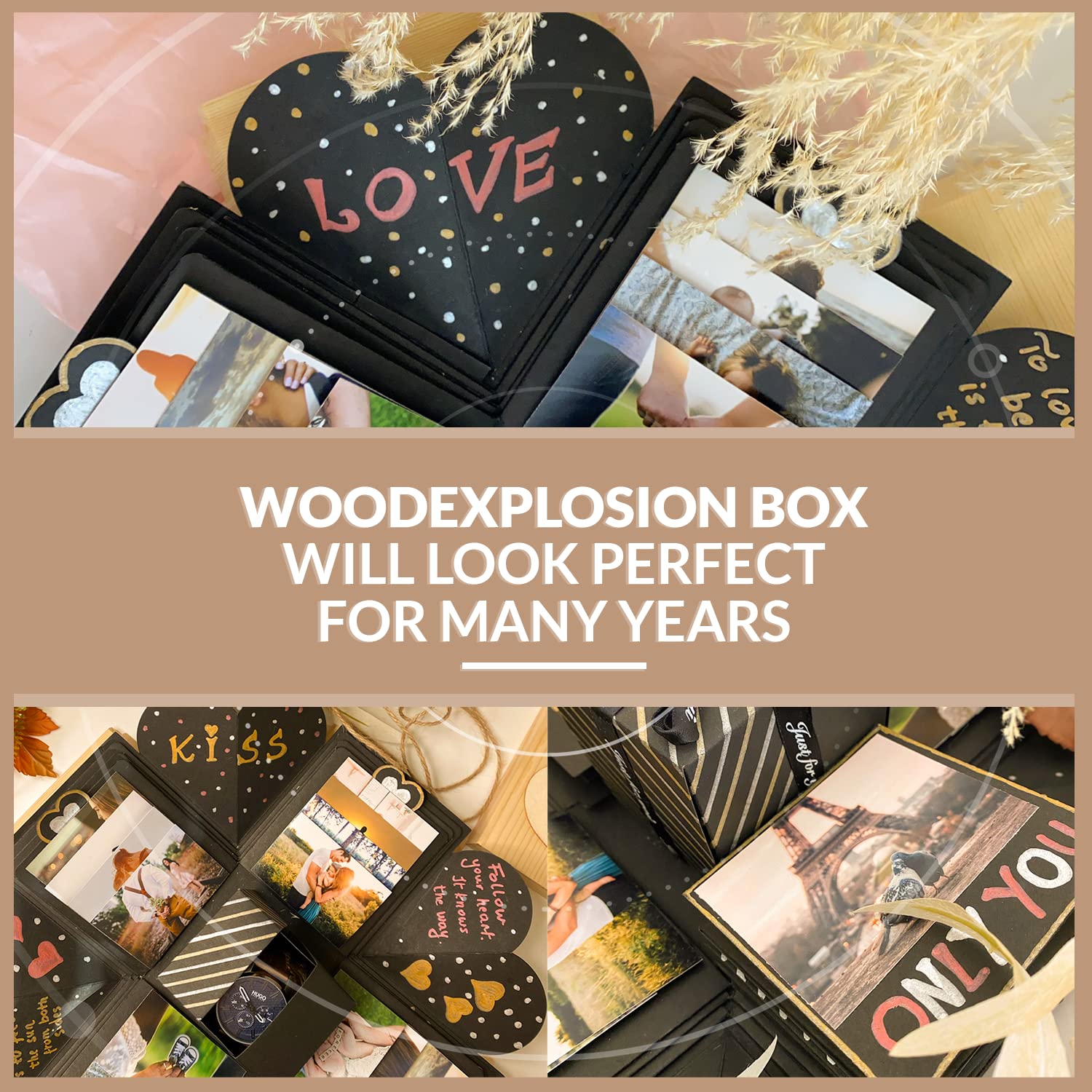 WoodExplosionBox Czarne Explosion Box w Drewnianym Pudełku - Pudełko niespodzianka ze zdjęciami - Pomysł na Prezent - Zaręczyny Rocznica Walentynki Urodziny Dzień Matki - Pudełko wybuchowe DIY