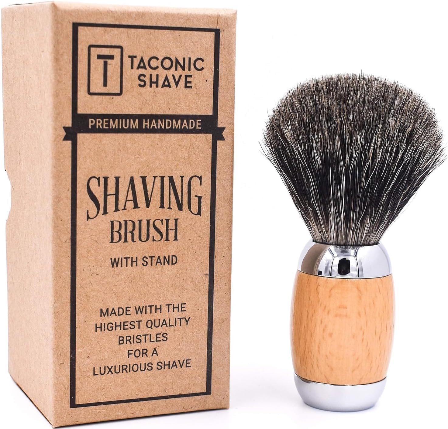 Taconic Shave 100% Mixed Badger Shaving Brush – Extra-Dense 22 mm Knot for Rich Lather, Beechwood & Chrome Ergonomic Handle + Lucite Stand Included
