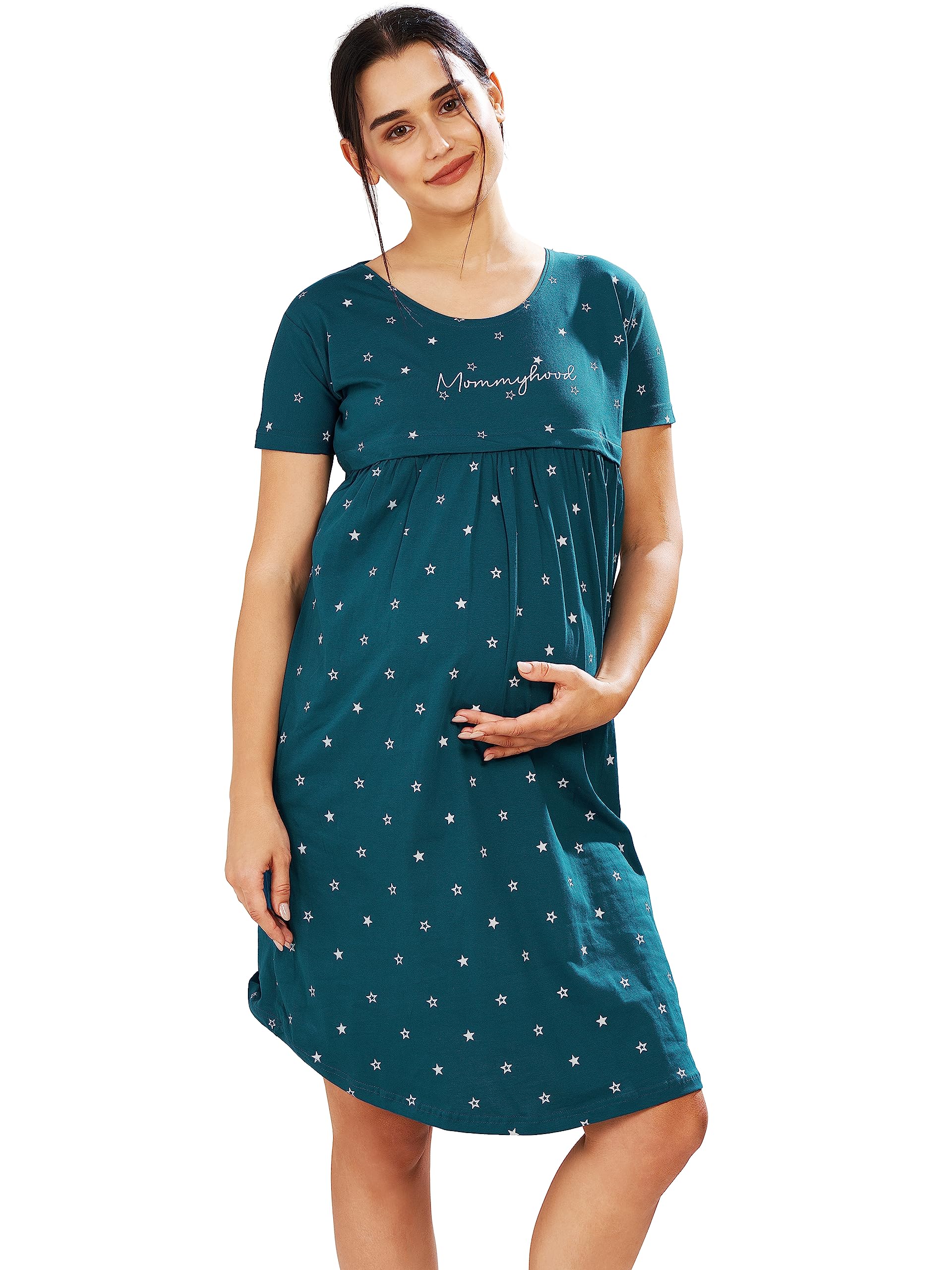 PASTEL CLIP Women Women's Cotton Star Printed Knee Length Maternity/Feeding/Nursing Nighty