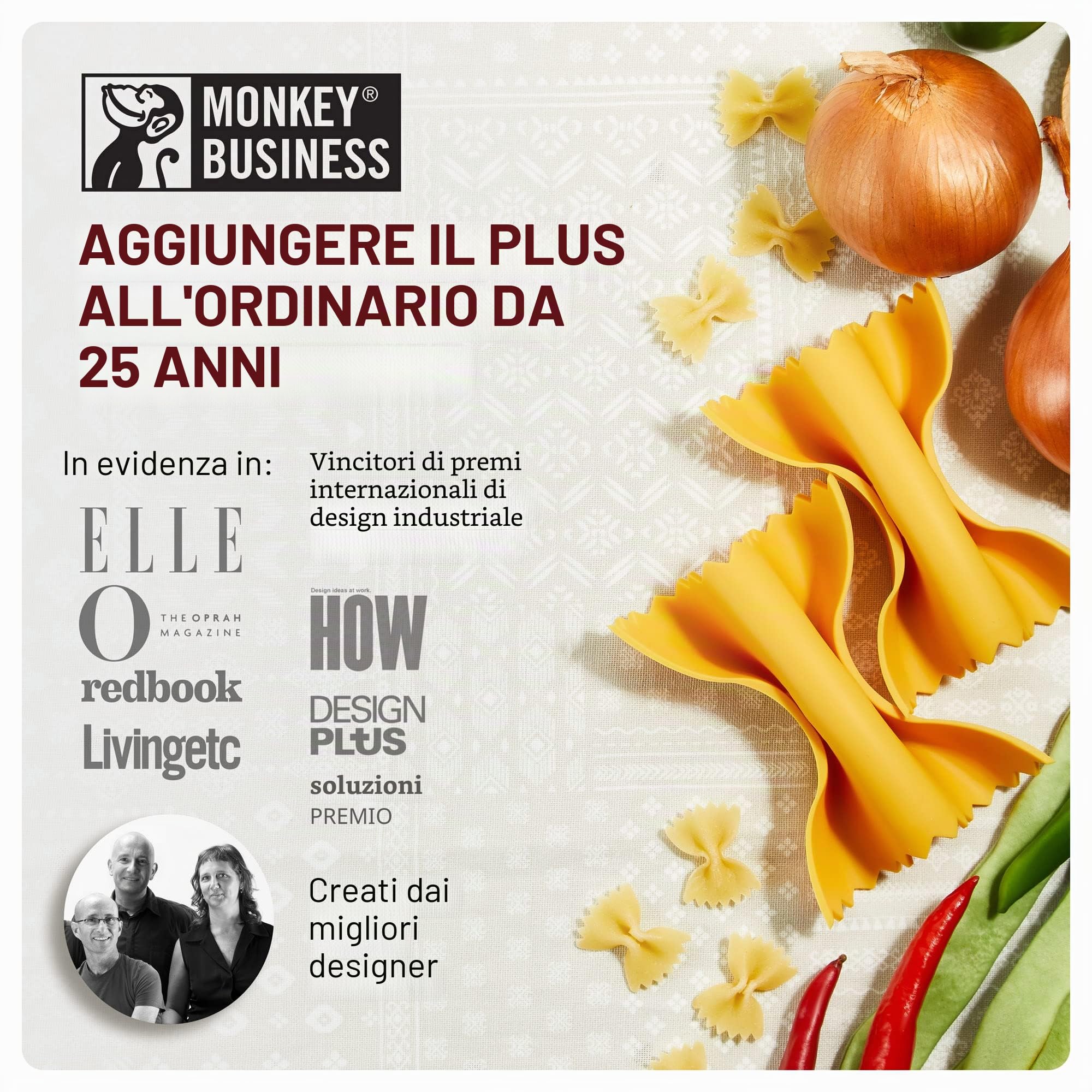 Monkey Business Utensili da cucina in silicone in confezione regalo/4 gadget da cucina a forma di pasta grande/impugnature per farfalloni, poggiamestolo per ravioli, spremiagrumi e impugnatura per