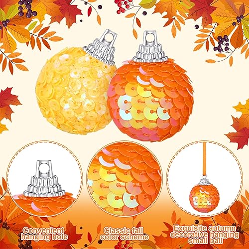 Miniatura 3 de Sotiff 24 piezas de adornos colgantes de calabaza para árbol de otoño, bolas de espuma con purpurina, envueltas en tela, pequeñas calabazas falsas,