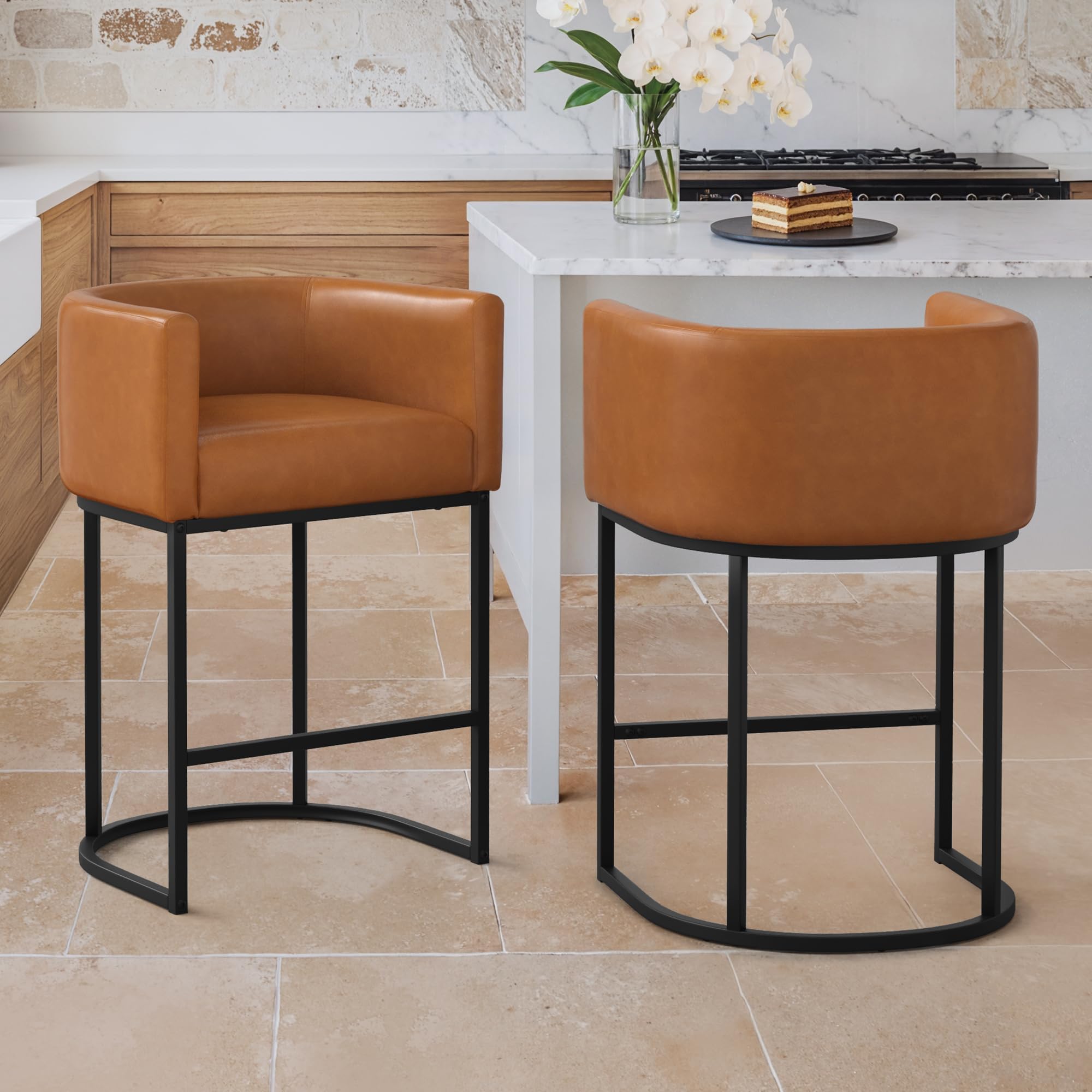 - LUE BONA 27" H Counter Height Bar Stools Set of 2, Modern Barrel Counter Stools with Backrest and Arms, Black Metal Frames,Faux Leather Upholstered Accent Barstools for Kitchen Island,Yellowish Brown